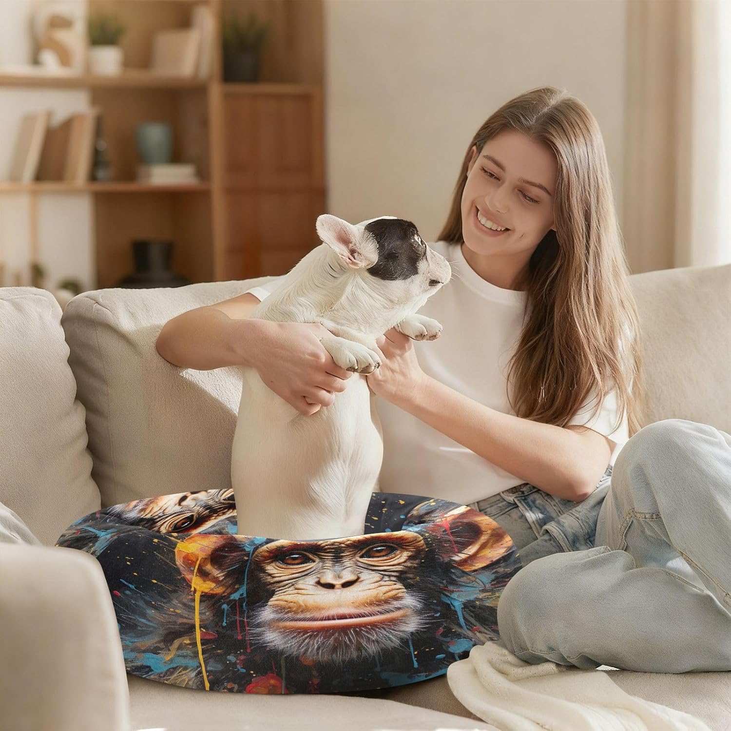 Dog Bed Ultra Soft Fluffy Comfortable Cat Bed, Colourful Gorilla Washable Dog Beds Anti-Slip Round Pet Beds for Medium Dogs