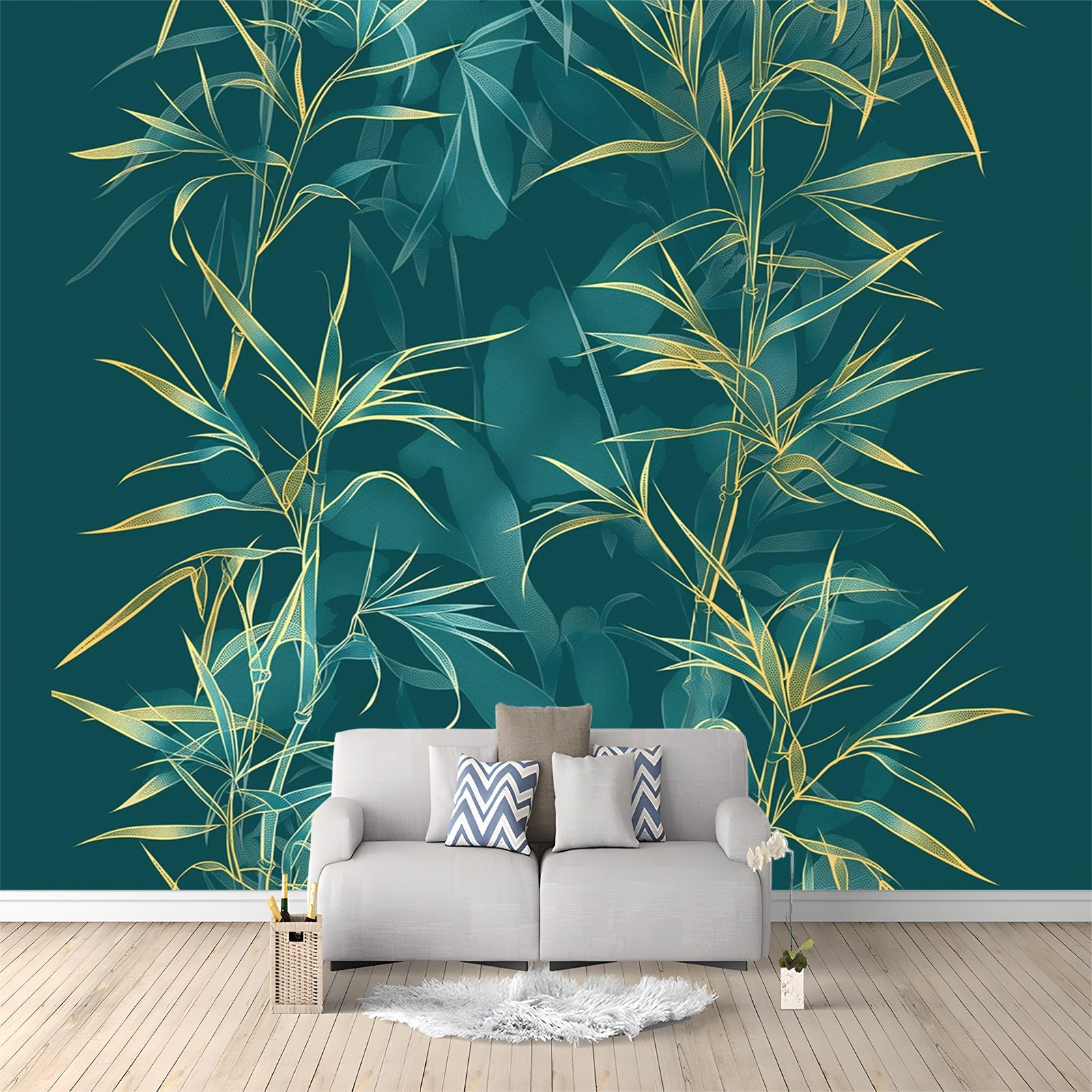 Tapeta 400 x 280 cm, tapeta z włókniny, liście bambusa w naturalnym stylu, folia ochronna na ścianę, do sypialni, salonu, tapeta ścienna, fototapeta, ciemnoniebiesko-zielona, w zestawie z poradnikiem