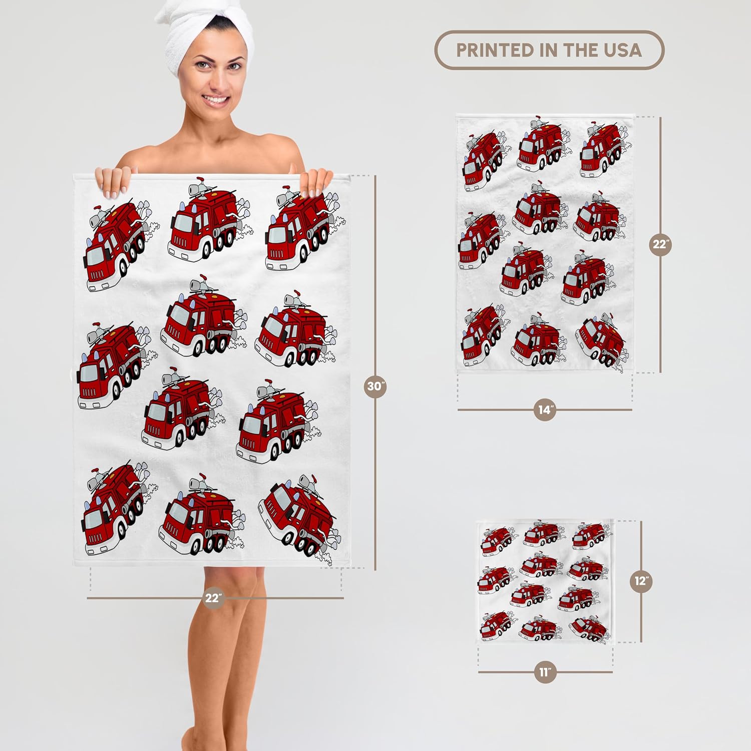 3D Rose TWL_221628_1 Print of Red Fire Truck Repeat Pattern Towel, 15" x 22"