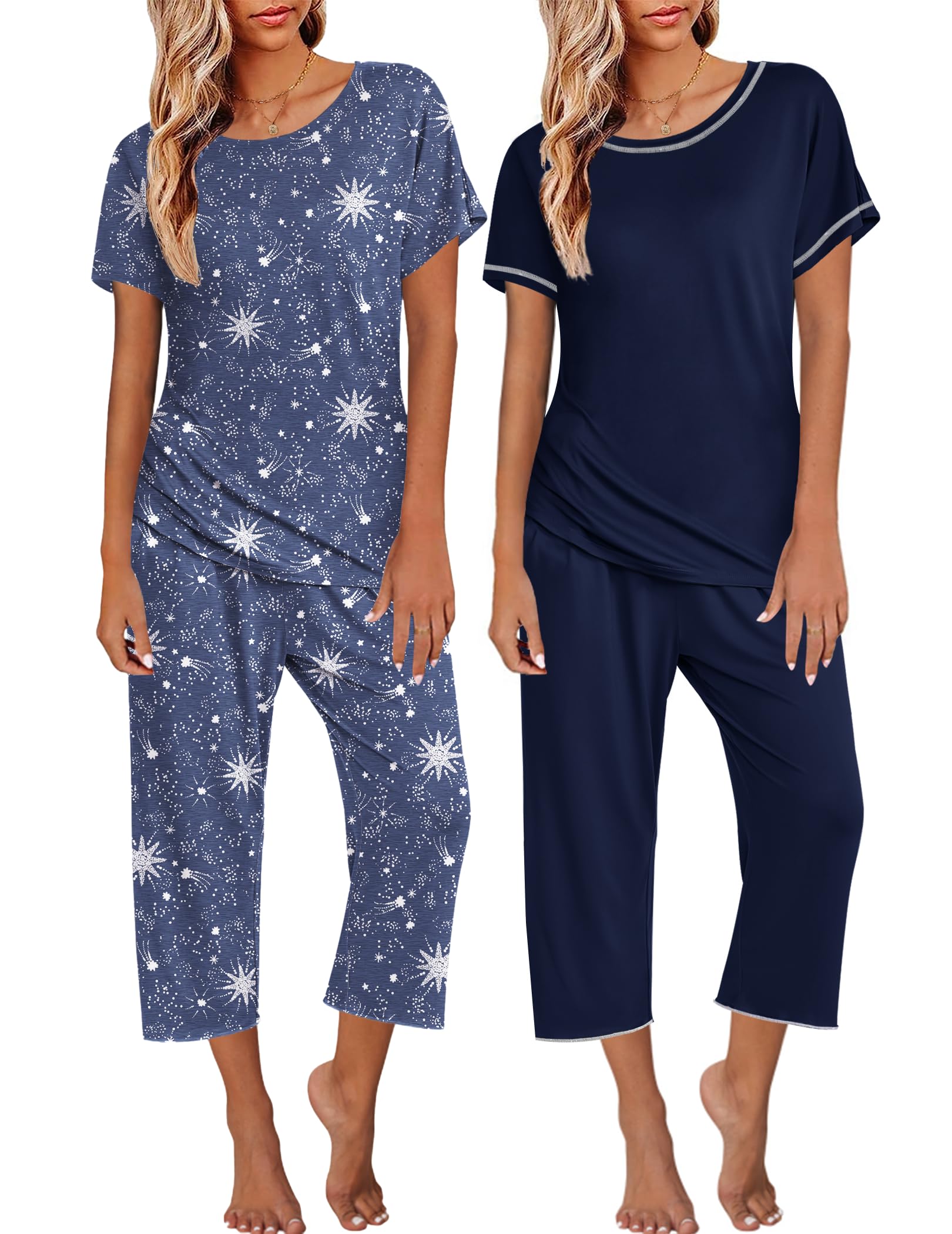 Ekouaer 2 Pack Women's Pajama Sets Short Sleeve Two-Piece Pjs V Neck Tops & Capri Pants Printed Lounge Sets S-3XL