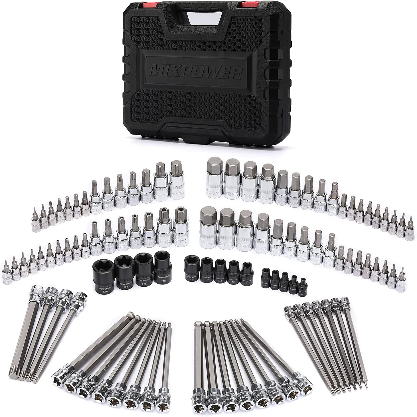 MIXPOWER 107 Piece 1/4 Inch, 3/8 Inch & 1/2 Inch Drive Bit Socket Set, Torx/Extra Long Torx/Tamper Proof/Hex/Ball End Hex, SAE & Metric Bit Set,S2 Steel Bits