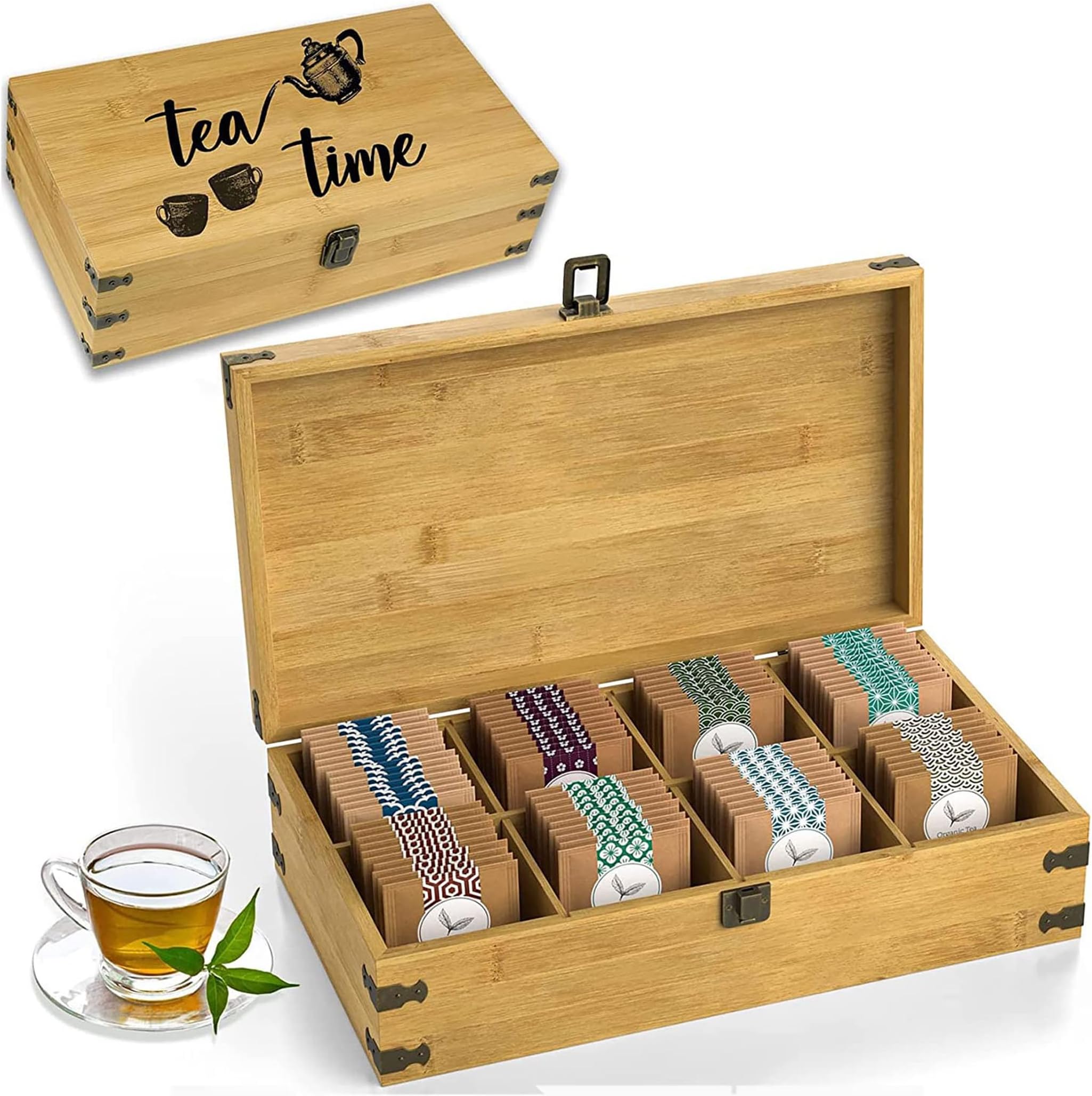 Zen Earth Inspired Tea Organizer Box Big & Tall 14" x 8" x 4" Bamboo Wooden Organizer Storage Chest 8 Tall Adjustable Slots 100% Handmade Eco-Friendly Natural Kitchen Décor