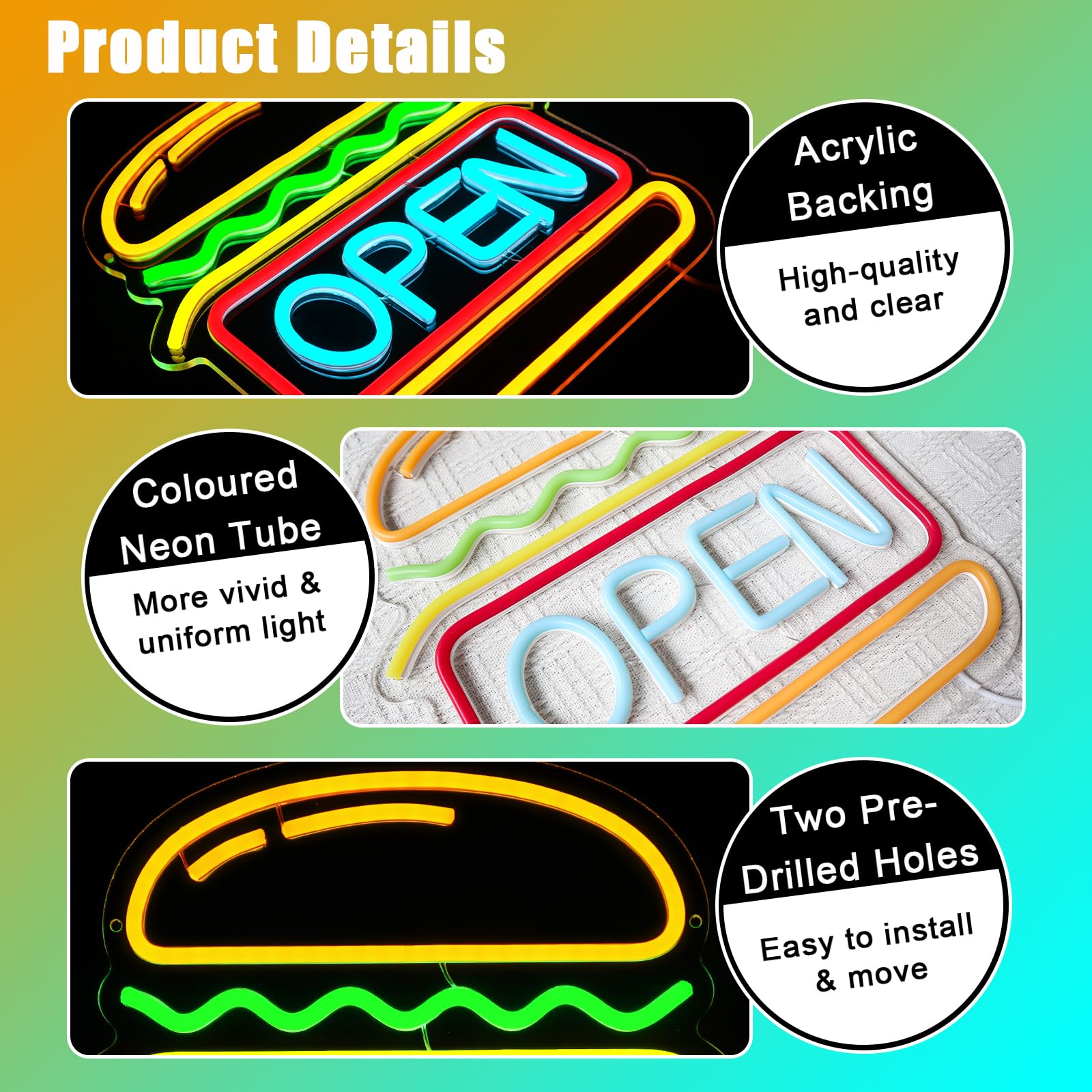 Abierto de neón de señal de hamburguesa de neón de luz para la decoración de la pared Led Abierto de señal para Burger Shop Fast Food Shop Negocios Restaurante Tienda