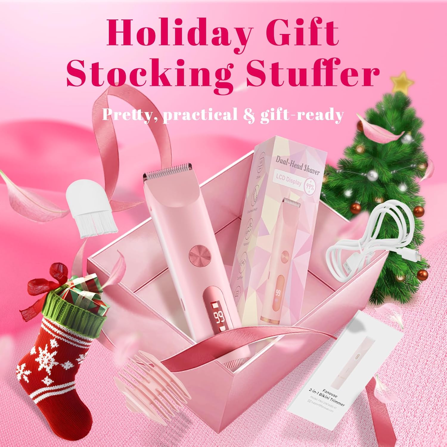 Bikini Trimmer for Women – Gentle Electric Razor for Sensitive Areas, Waterproof USB-C Rechargeable Shaver for Body & Face, Stocking Stuffers Holiday Gift (Petal Pink with LED)