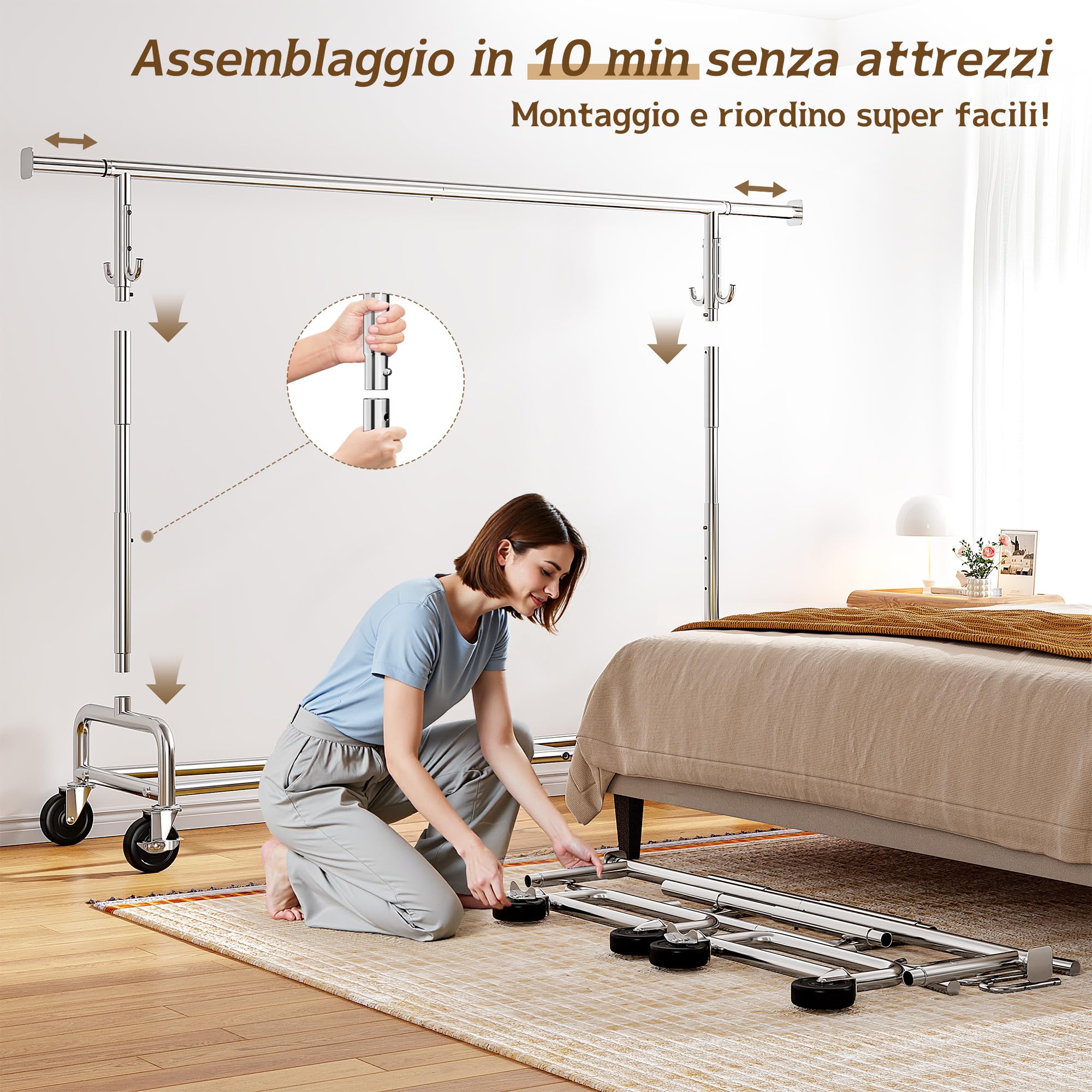 131–189cm Estensibile Stand Appendiabiti con Ruote per Cappotto | 140KG Portata massima, 146-170cm Regolabile in Altezza, per Giacca, Maglioni, Camera da letto, Dormitorio, Argento