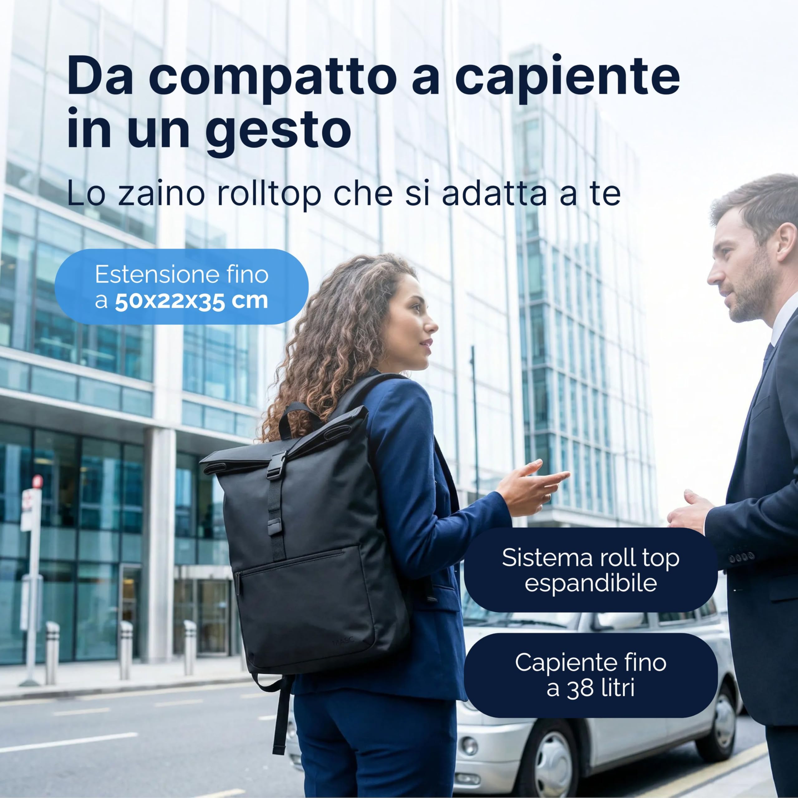 MASC Zaino Rolltop Business, Zaino Urban Elegante Porta PC 17 Pollici, Espandibile e Ideale per Viaggi, Ufficio e Università
