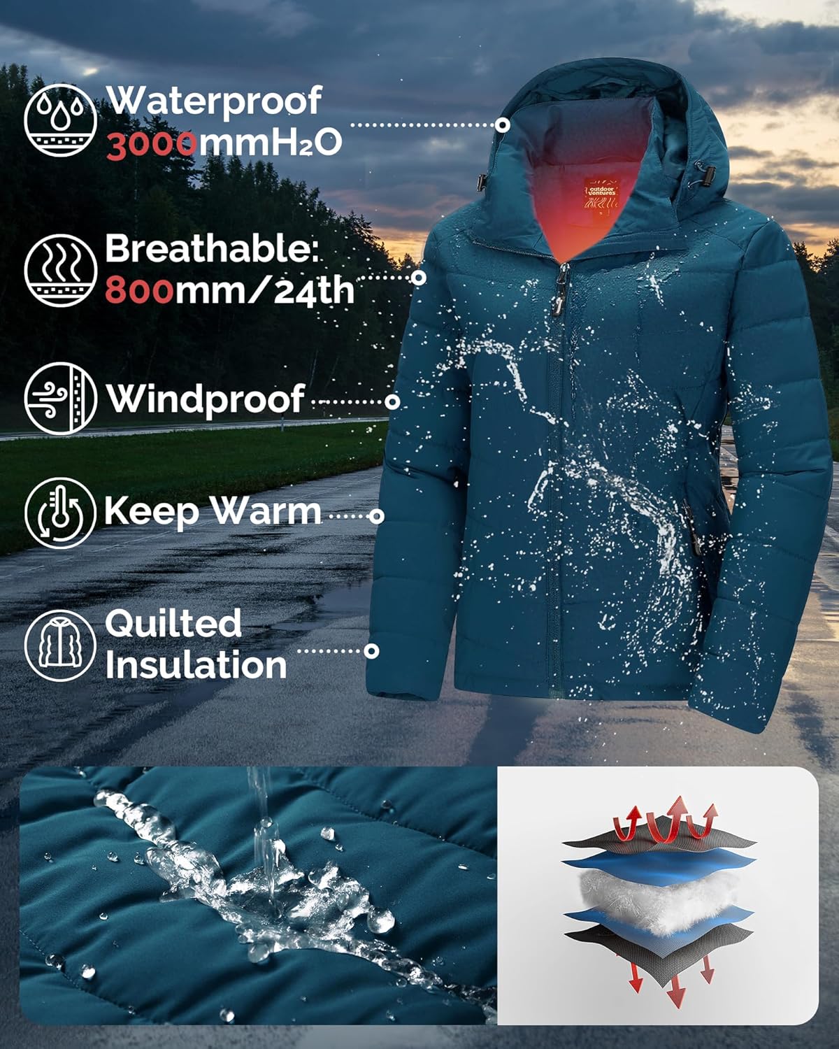 Outdoor Ventures Women's Hooded Puffer Jacket Waterproof Lightweight Full-Zip Warm Quilted Winter Coat - Image 3