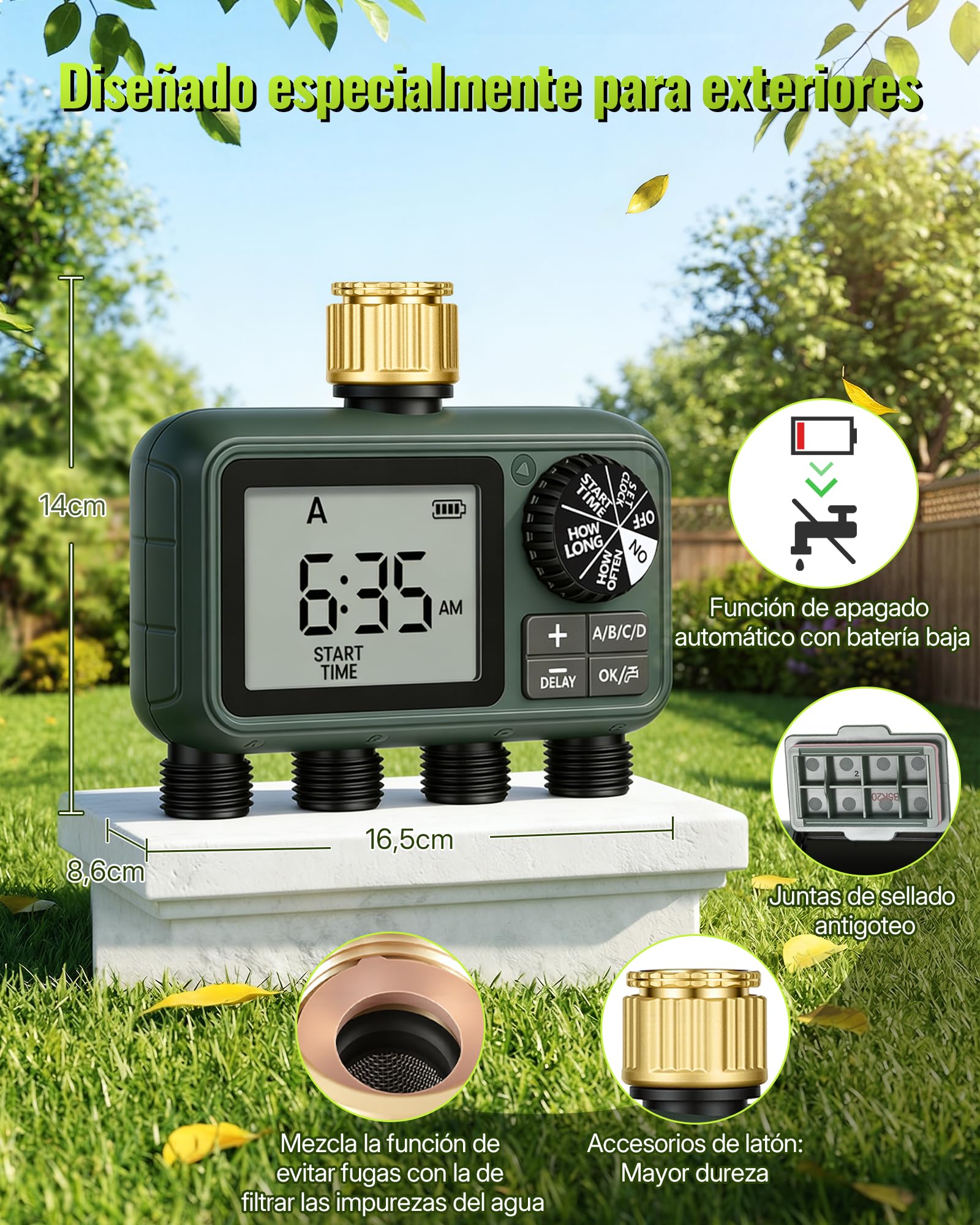 Programador de Riego de 4 Válvulas, Ordenador de Riego Automático, Temporizador para Grifo de Manguera de Jardín, Función de Retraso por Lluvia, Patio y Césped, Verde Oscuro