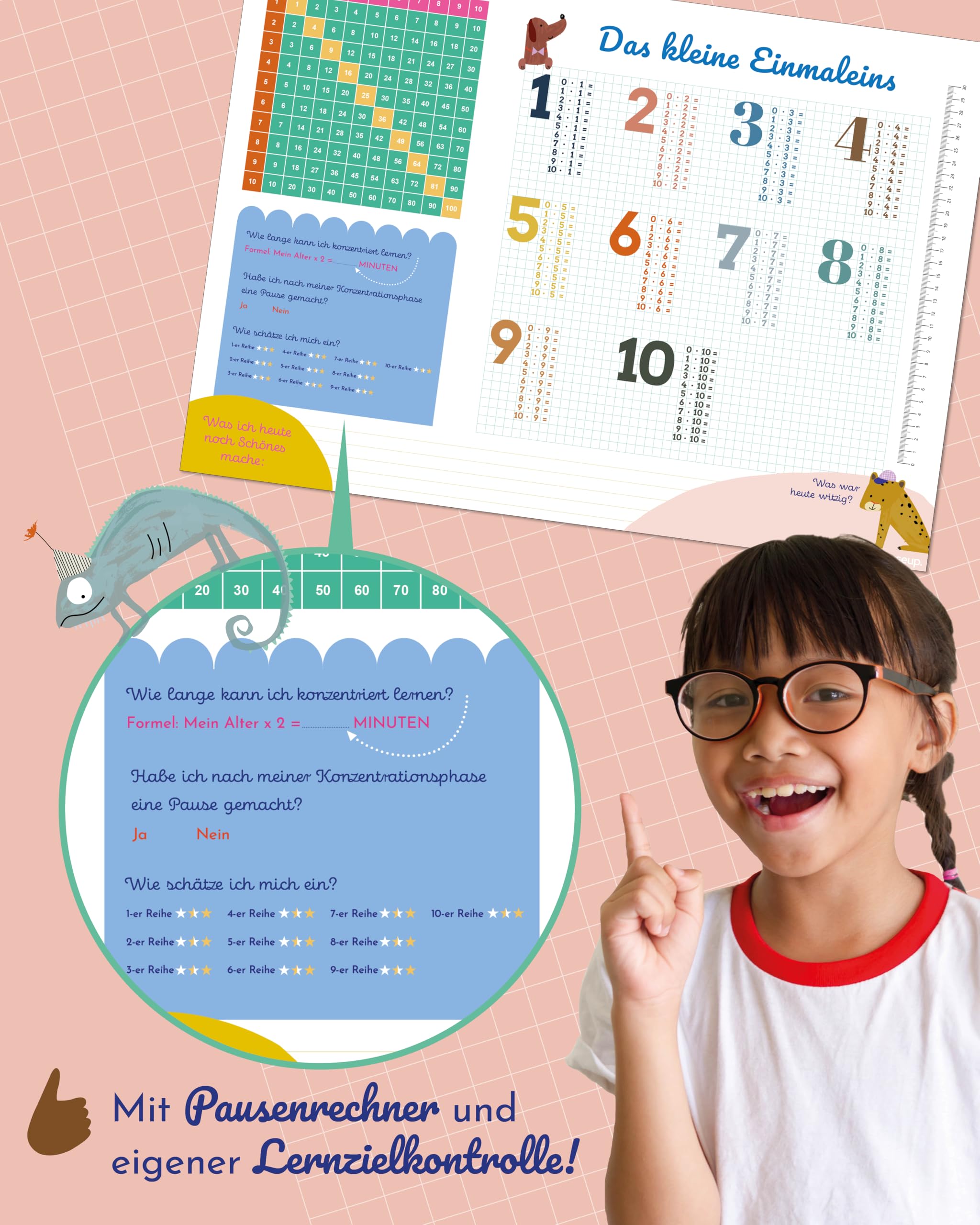1x1 Schreibtischunterlage DIN A2 – Das kleine Einmaleins für Kinder | Lernunterlage mit Pausenrechner, Selbstkontrolle & Mathe-Tabelle | 25 Blatt | Made in Deutschland