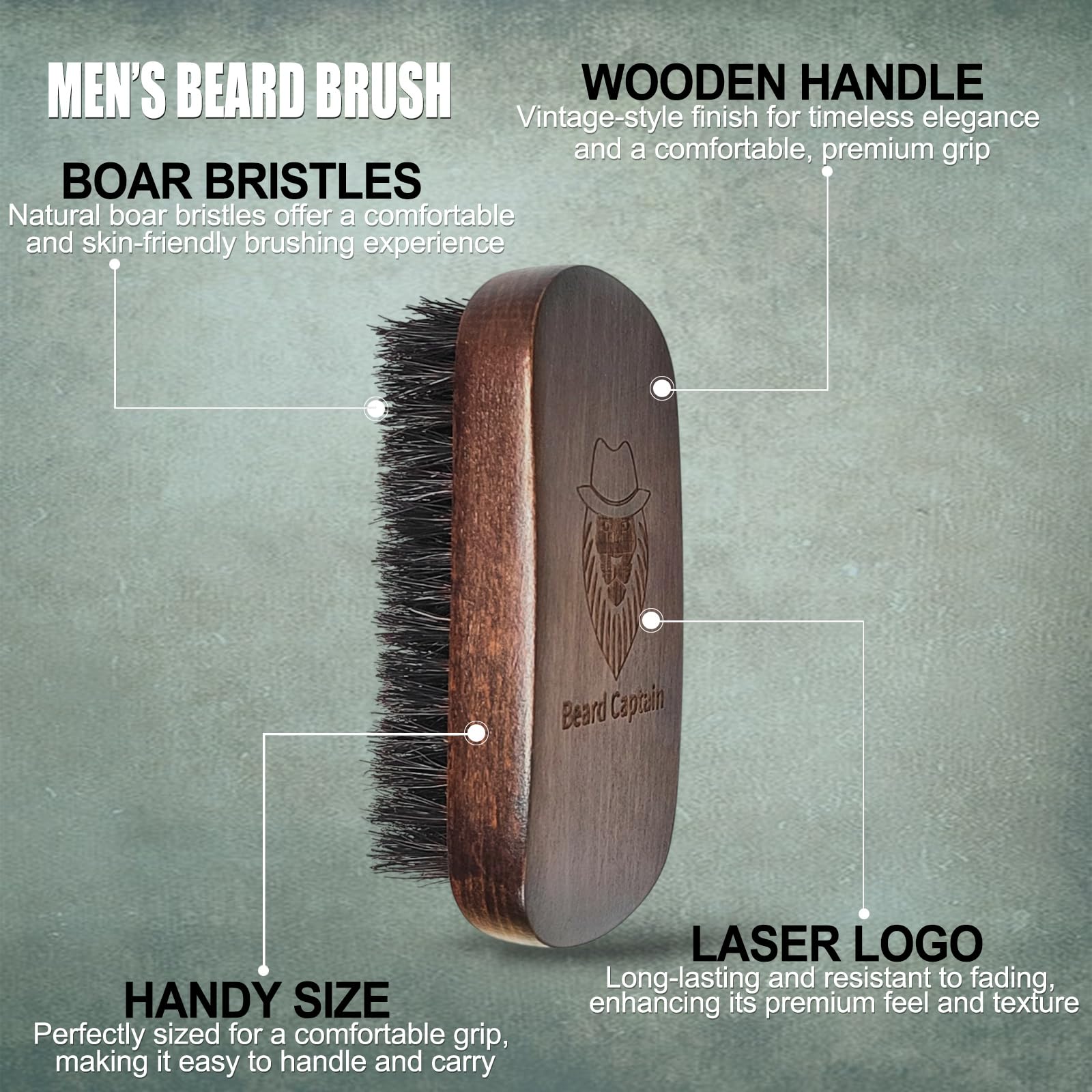 Cepillo de barba para aseo masculino, mango de madera rectangular retro con cerdas de jabalí 100% limpieza facial y bigote