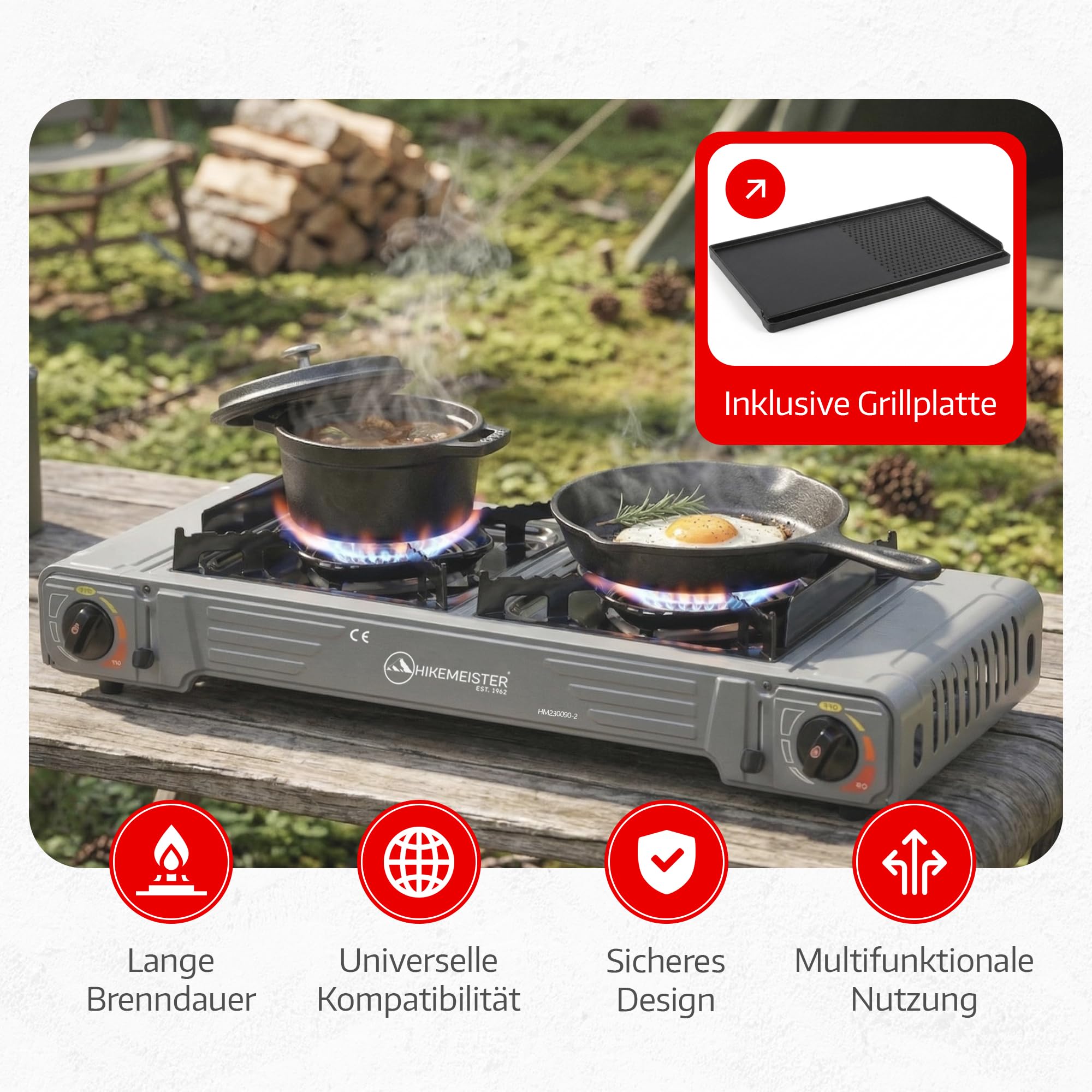 Hikemeister® Réchaud de camping à 2 feux avec plaque de cuisson et 12 cartouches de gaz - Réchaud à gaz portable 2 x 2,2 kW avec mallette de transport - Cuisinière à gaz d'extérieur pour camping
