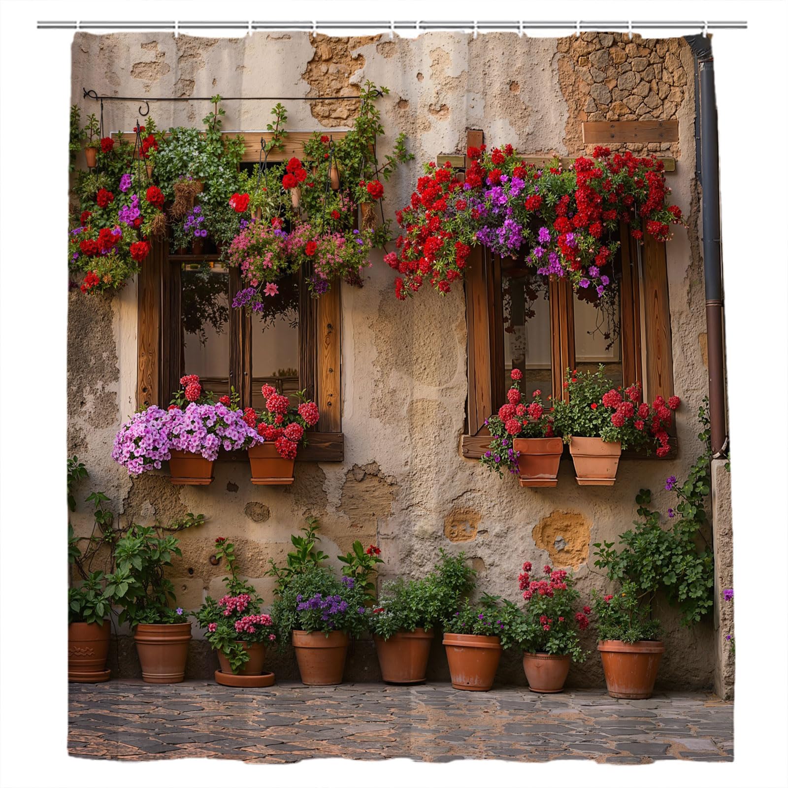 JONSEQIN Italy Street Shower Curtain Renaissance Mediterranean Tuscany Rustic Floral Farmhouse Scenery Plants Leaves Bathroom Decor Curtains 94x70