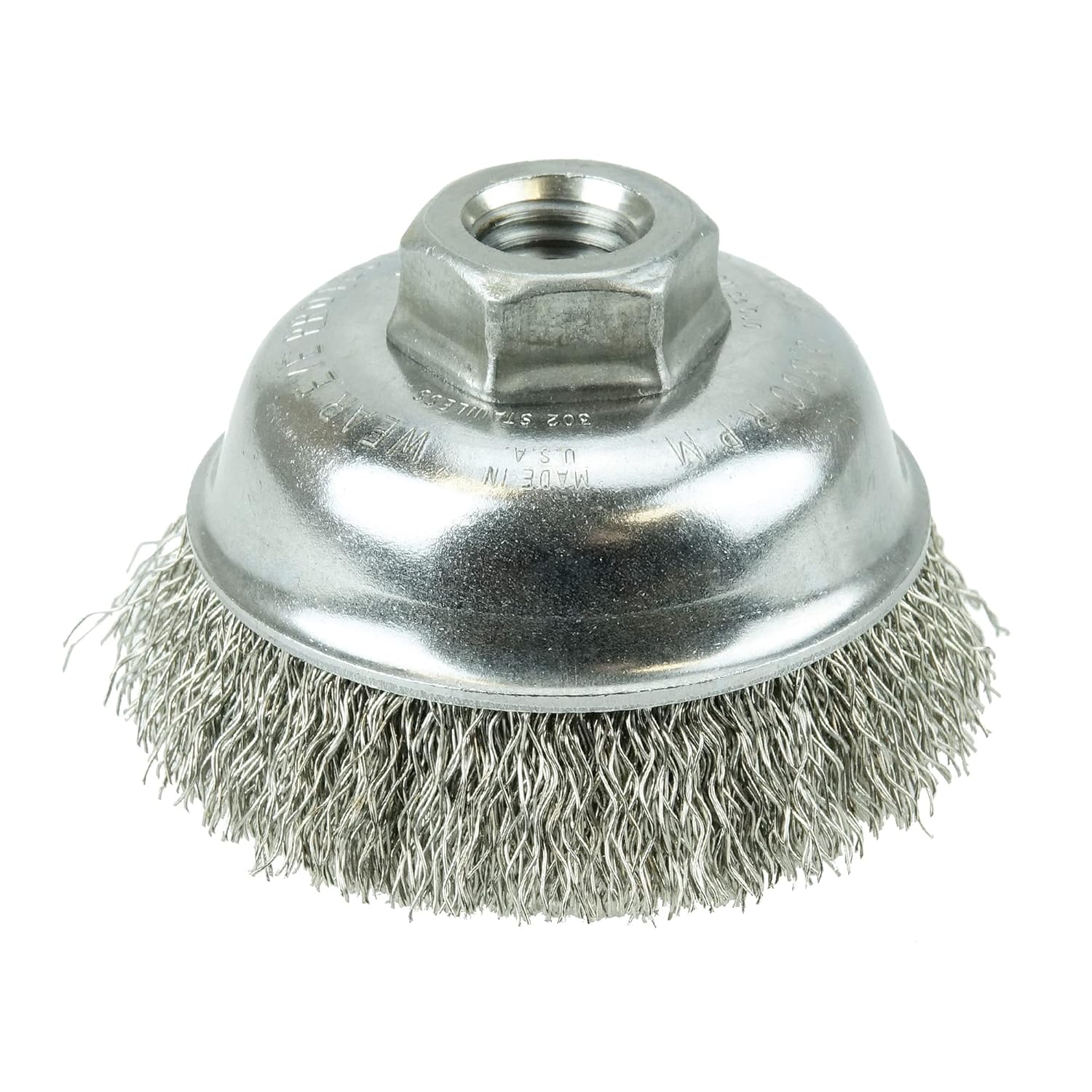 Weiler 13188 3-1/2" Crimped Wire Cup Brush, .014" Stainless Steel Fill, 5/8"-11 UNC NUT, Made in the USA