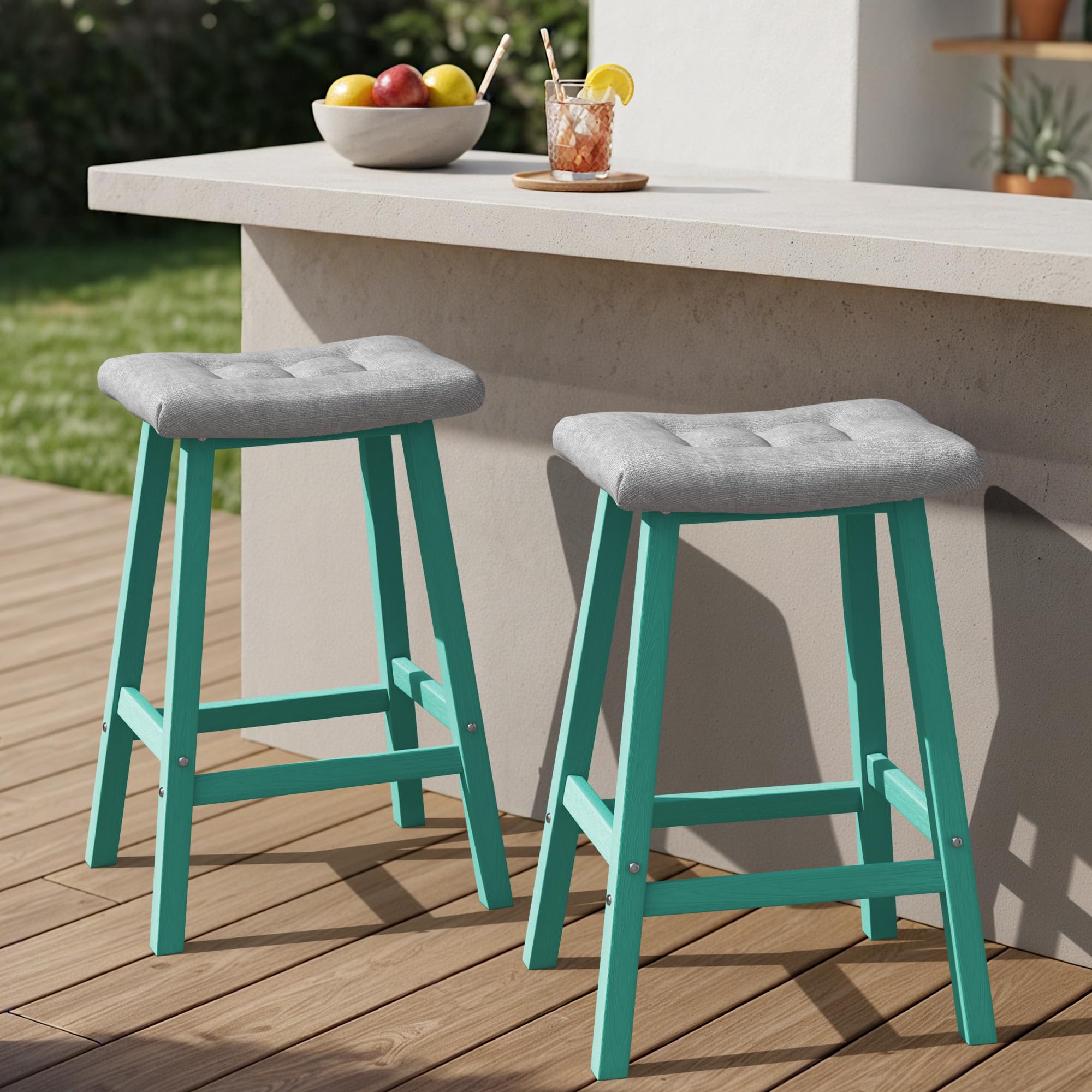 Ciokea 2 Set 29" Outdoor Bar Stools with Cushions, Heavy Duty HDPE Outdoor Stools Weatherproof Waterproof Patio Seats Modern Bar Height Tall BarStools for Bar Deck Balcony Kitchen Yard, Lake Blue