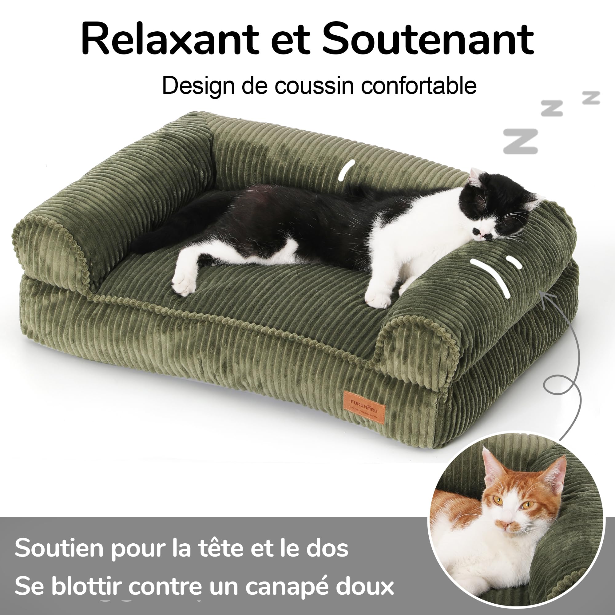 FUKUMARU Panier Chiens Chats, Coussin Chien Dehoussable et Lavable, Canapé Antidérapant pour Petits Chiens et Chat, 72 x 52 x 22 cm, Vert
