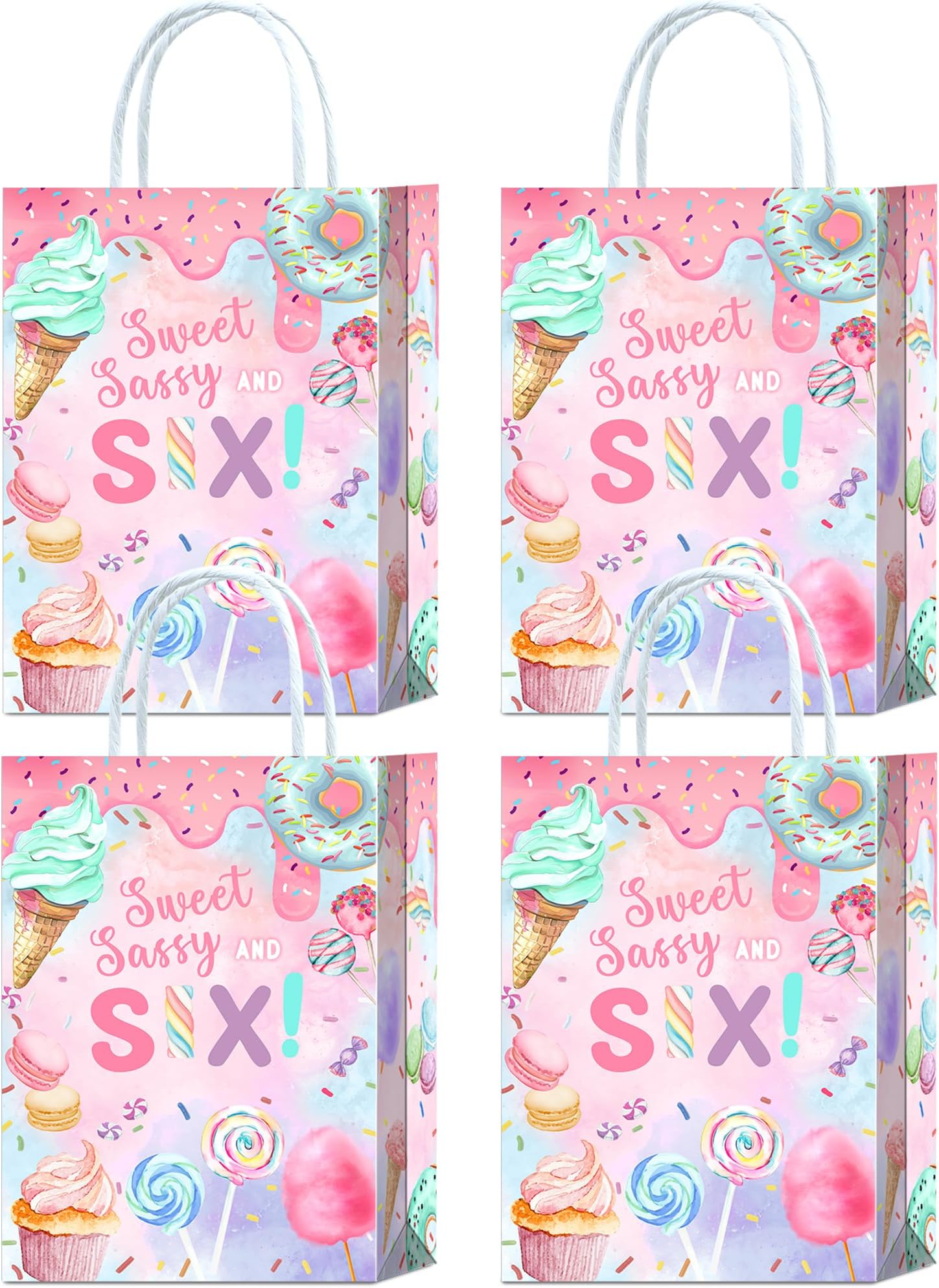 Sassy Sweet 16-Piece Donut 6th Birthday Party Favors Bags with Handles for Kids