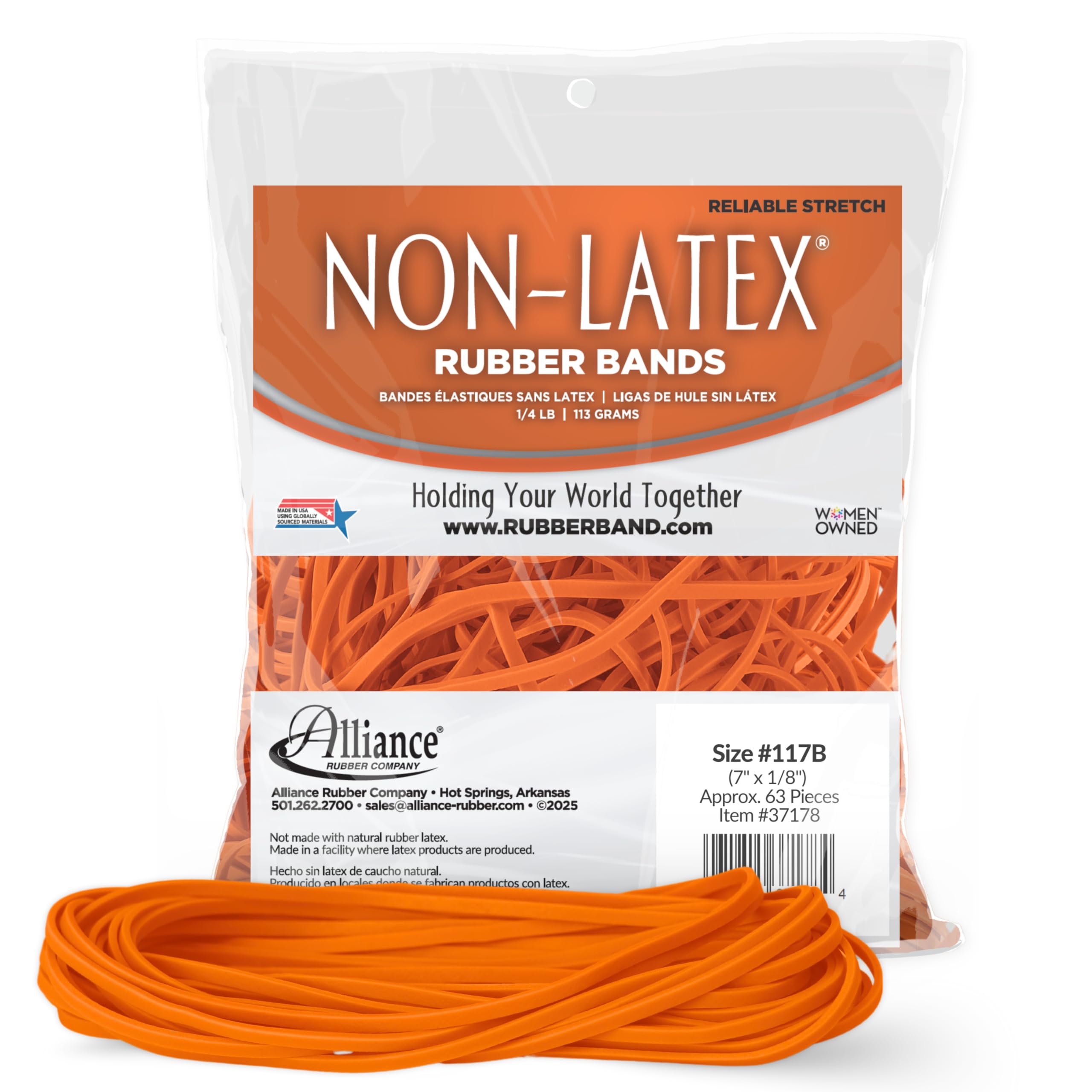 Alliance Rubber 37178#117B Non-Latex Rubber Bands, 1/4 lb Poly Bag Contains Approx. 63 Bands (7" x 1/8", Orange)