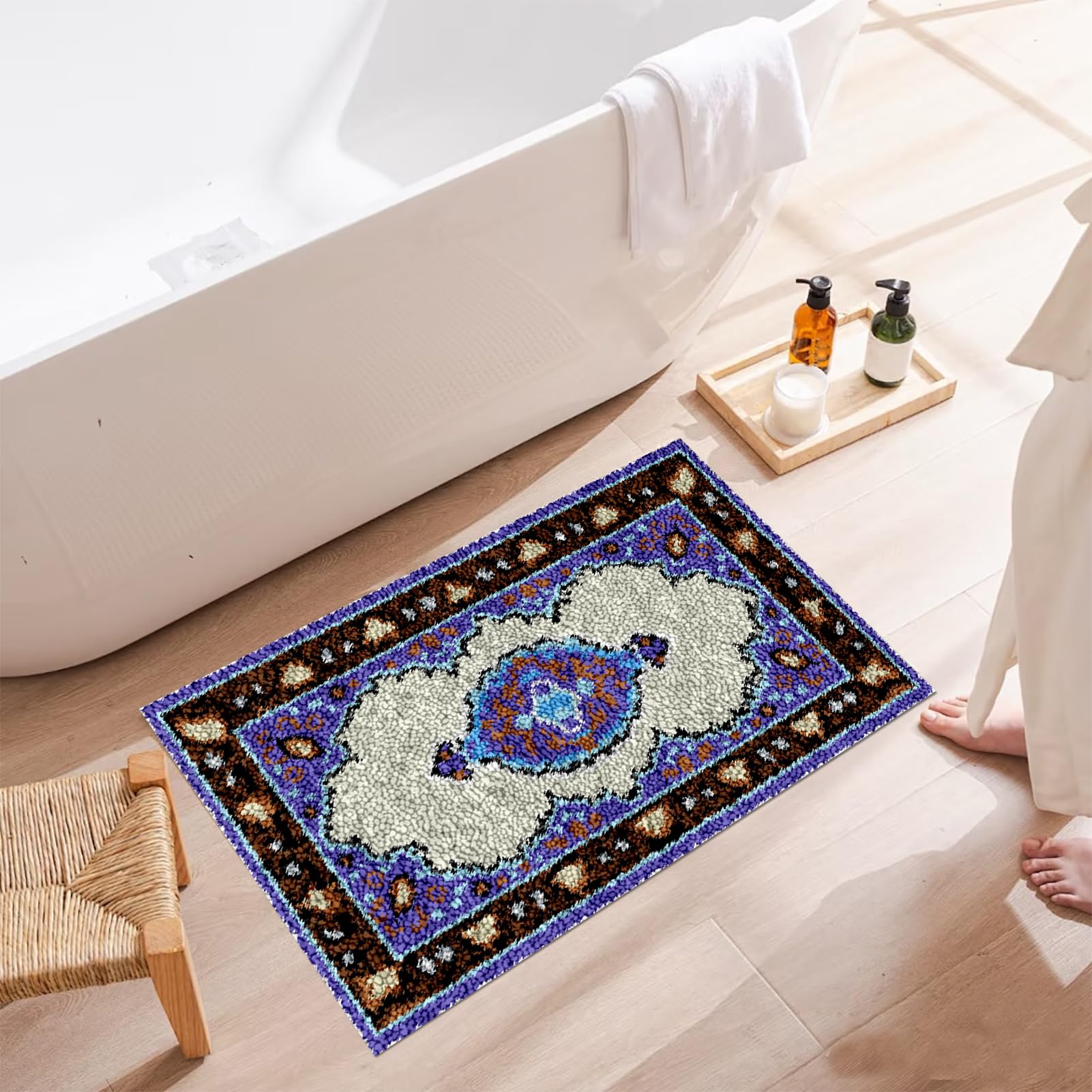 QUIYAEZY Zestaw szydełkowy z wiązanymi ściegami, zestaw dywaników szydełkowych 75 x 110 cm DIY haczyki zatrzaskowe, dywaniki i płótno, dywaniki do wystroju domu