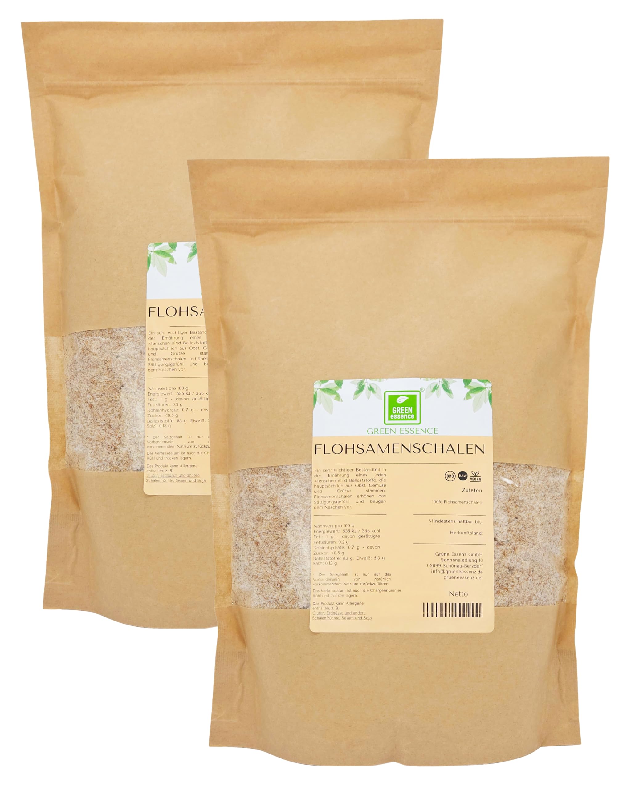 Flohsamenschalen 1 kg (2X500g) - natürliche Ballaststoffe von der Grünen Essenz - Flohsamenschalen gemahlen - vegan - Low Carb - Ballaststoffreich - ohne Zusätze - Ersatz für Mehl in Keto-Diät