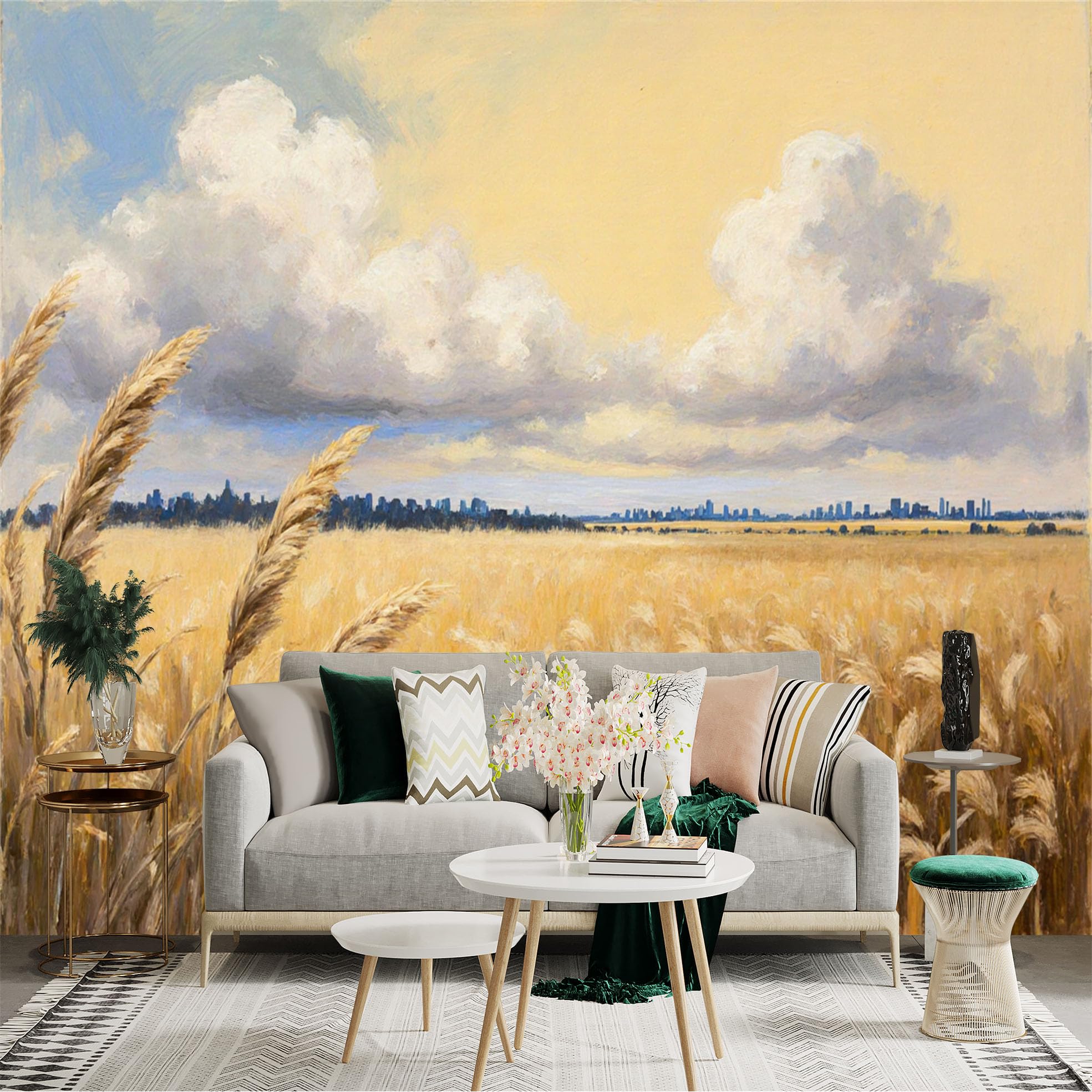 Custom Size Wall Sticker Mural， Golden Wheat Field with Clouds and Distant City Skyline， for wall Decoration， peelandstick wall Decals.