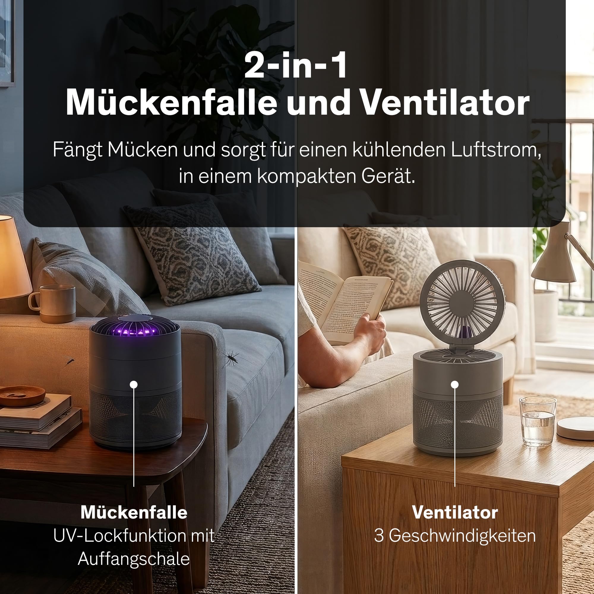 Sinji Mückenfalle Akku mit Ventilator 2in1, USB-C Insektenfalle Elektrisch