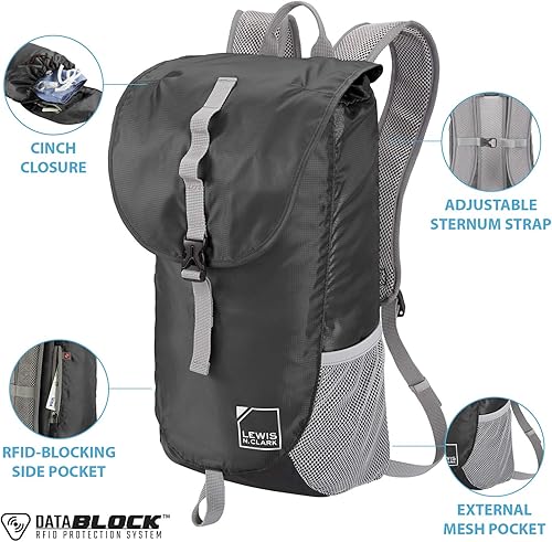 Miniatura 3 de Lewis N. Clark Paquete diario ligero, Negro -, Mochila ligera y plegable con bolsillo Rfid