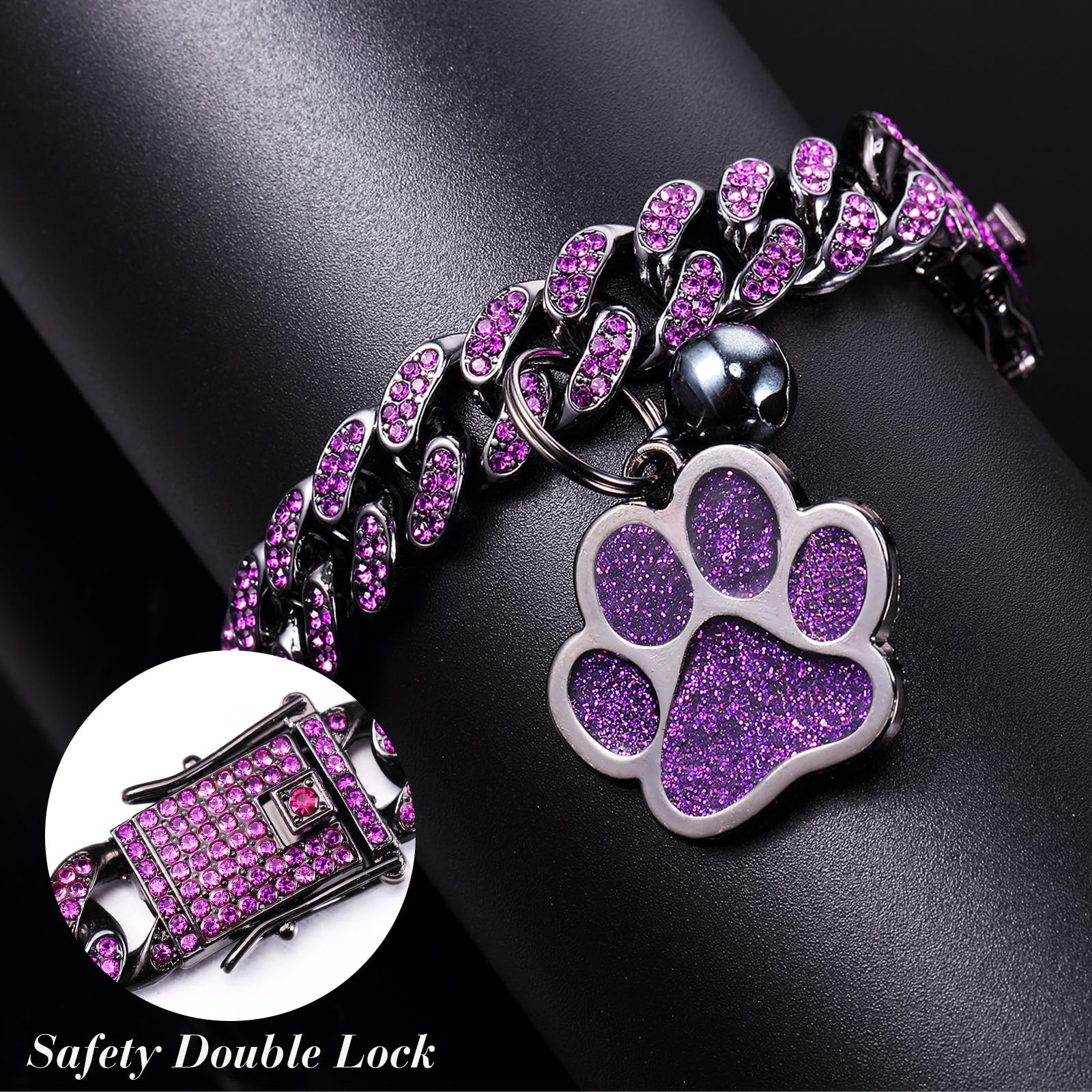 Hillban Collar de gato con cadena de diamantes con purpurina, collar de metal con hebilla segura, collar para mascotas con dije de pata, accesorios de joyería con etiqueta de identificación para gatos