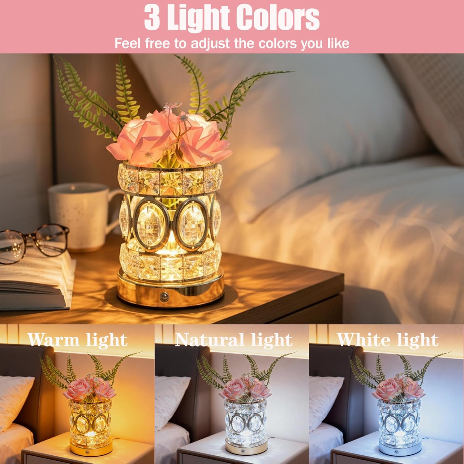 Rose Flower Lamp, Rechargeable Cordless Touch Crystal Table Cute Lamp with 3-Color Dimmable Small Night Light - Birthday Gifts for Women, Mom, Wife, Living Room, Bedroom Decor, Romantic Home Decor