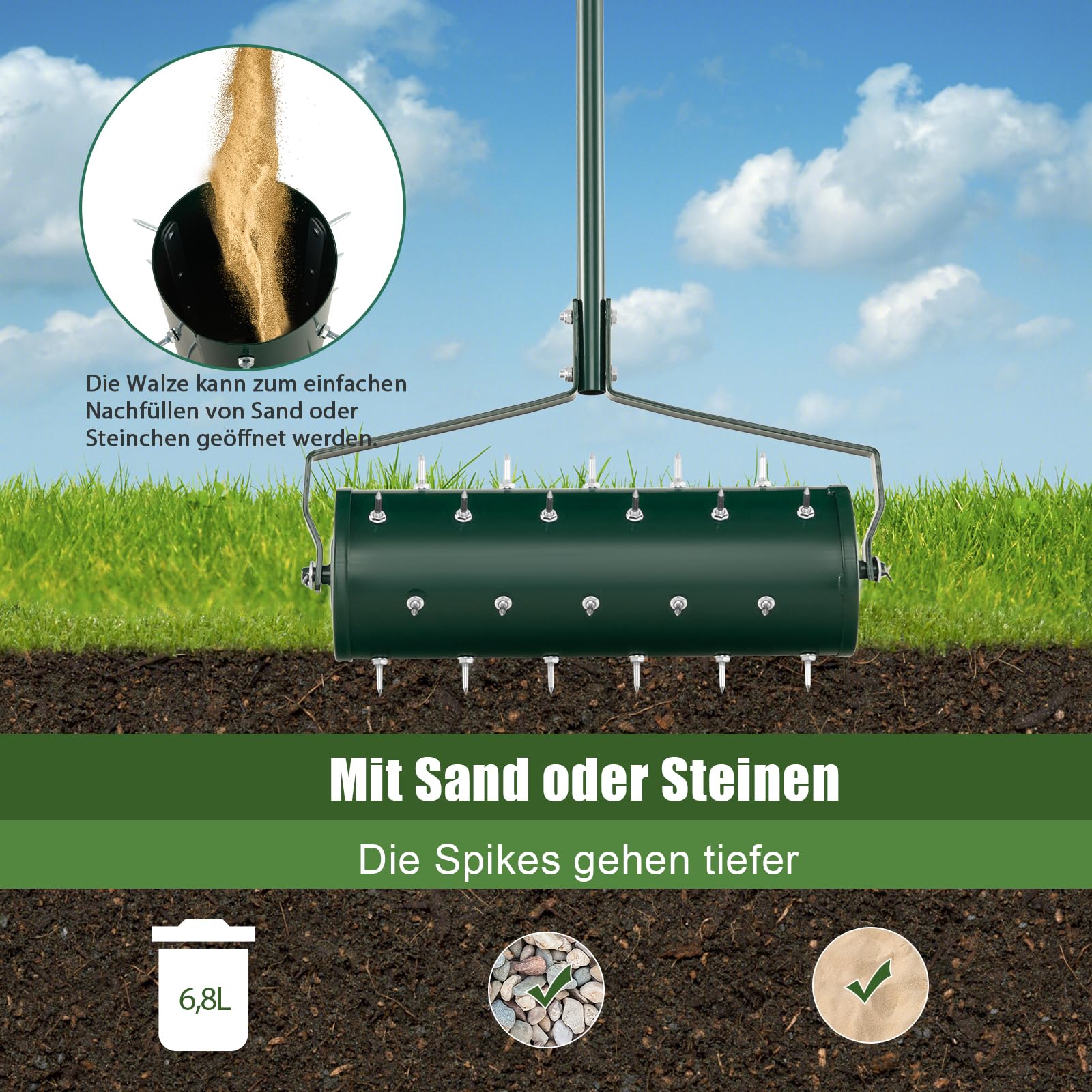 SOARS Rasenlüfter Walze, Rasenbelüfter mit 3,5cm Nägeln & Stiel, Handvertikutierer befüllbar, Gartenwalze, Handwalze aus hochwertigem Metall, ideal für die Rasenpflege (53cm Breite, 33 Nägel)