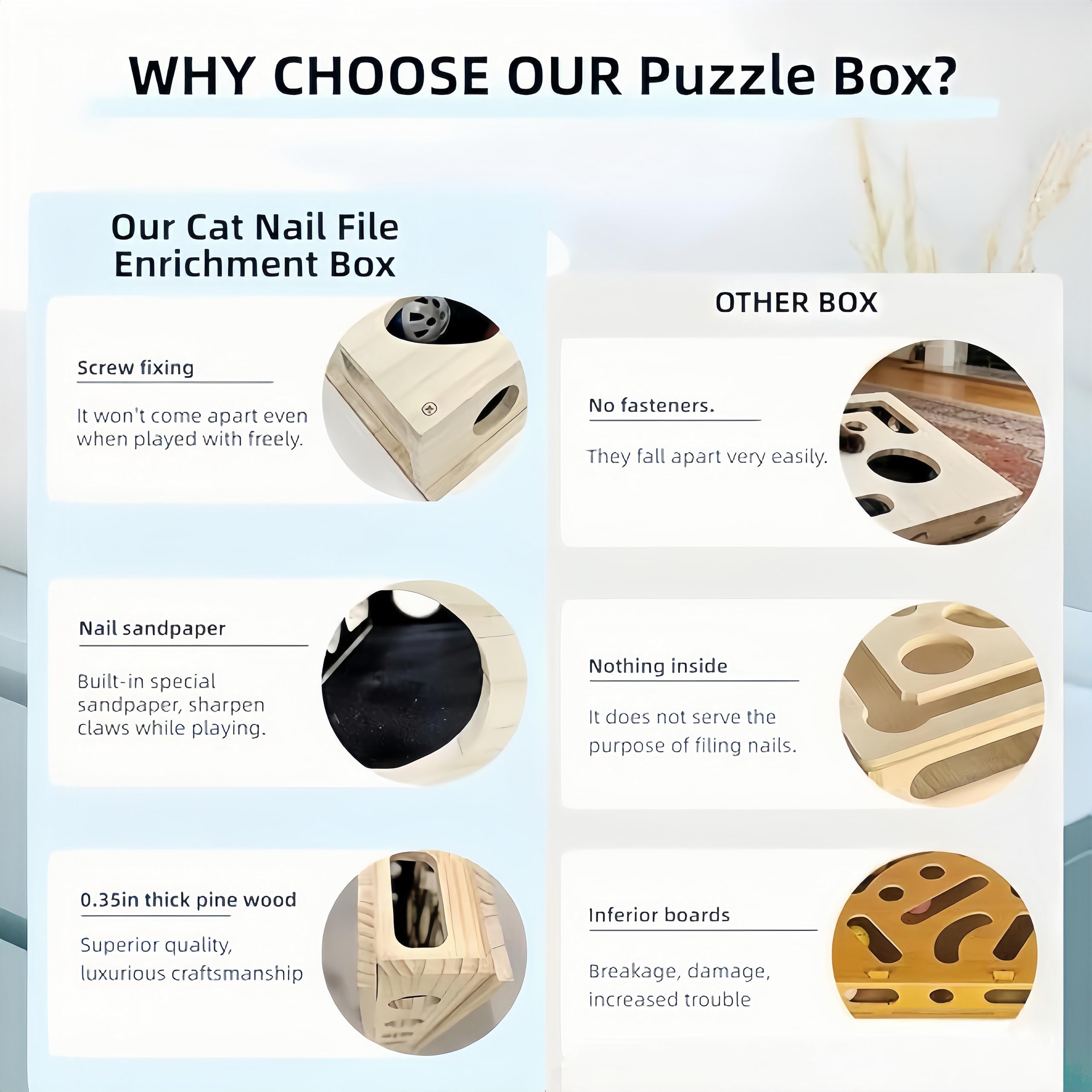MEIION Pfotenprofis Katzen Beschäftigungsbox aus Holz mit Sandpapier und 3 Klingelbällen, interaktive Kratzkiste für Indoor Katzen, schützt Möbel und ideales Katzenspielzeug für Kätzchen