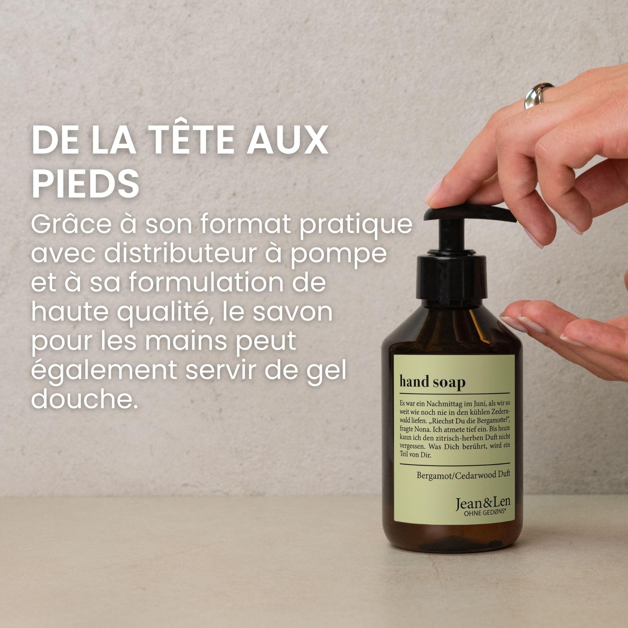 Jean & Len Savon mains Bergamot & Cedarwood, nettoie les mains sollicitées, pour un usage quotidien, savon liquide en distributeur, parfum frais et citronné, végane, 250 ml