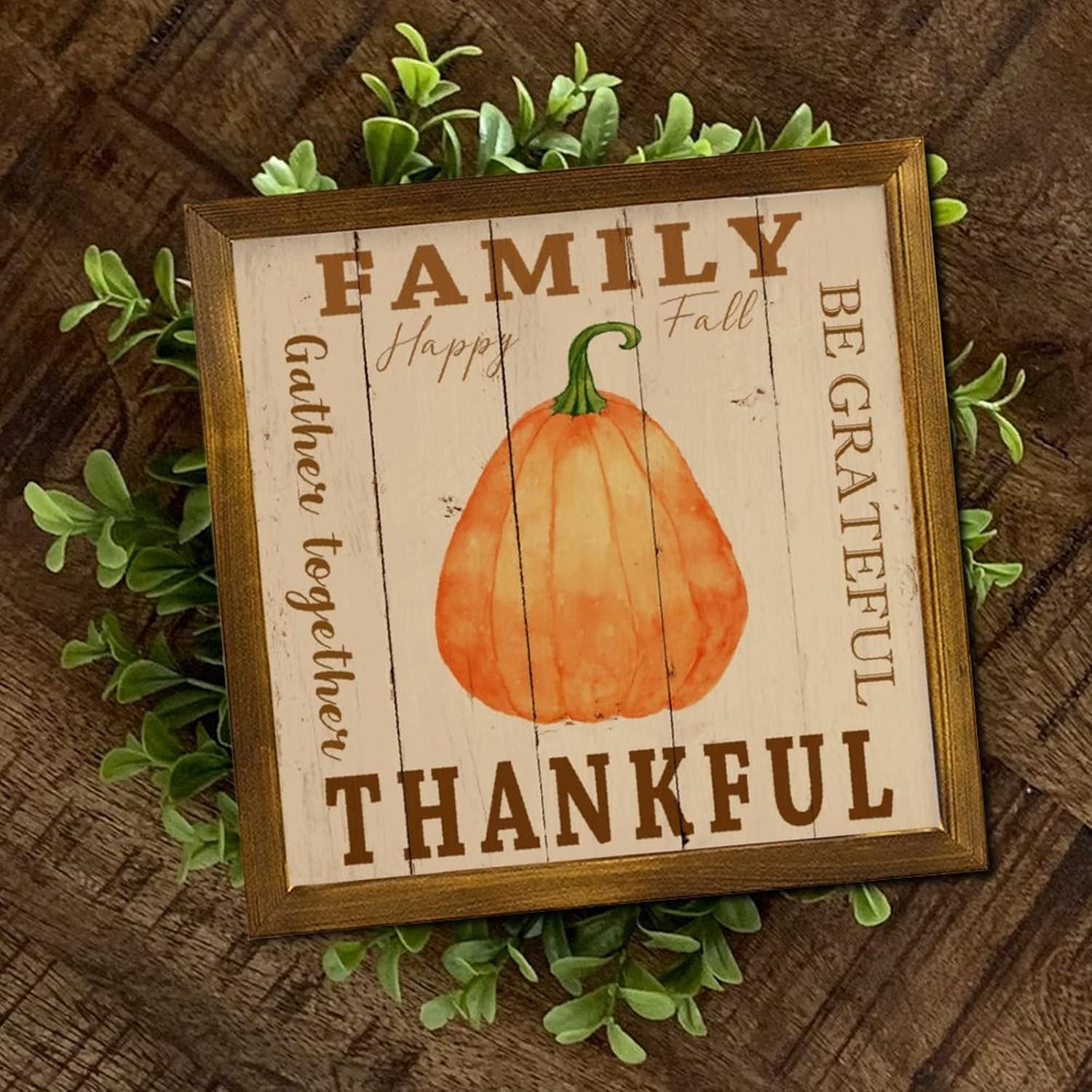 Be Grateful Thankful Family Gather Together Framed Wood Signs Thanksgiving Pumpkin Wall Sign Farmhouse Autumn Harvest Wood Home Wall Decor for Home Room Office Garden Kitchen 12x12 inch