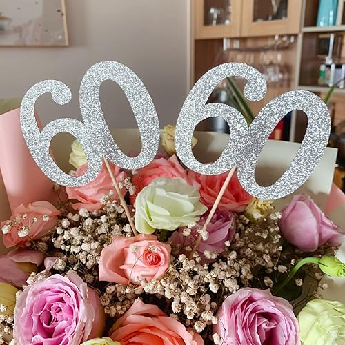 Miniatura 3 de Paquete de 10 palitos de centro de mesa de aniversario con purpurina de doble cara para cumpleaños 60, decoración de mesa con número 60 para