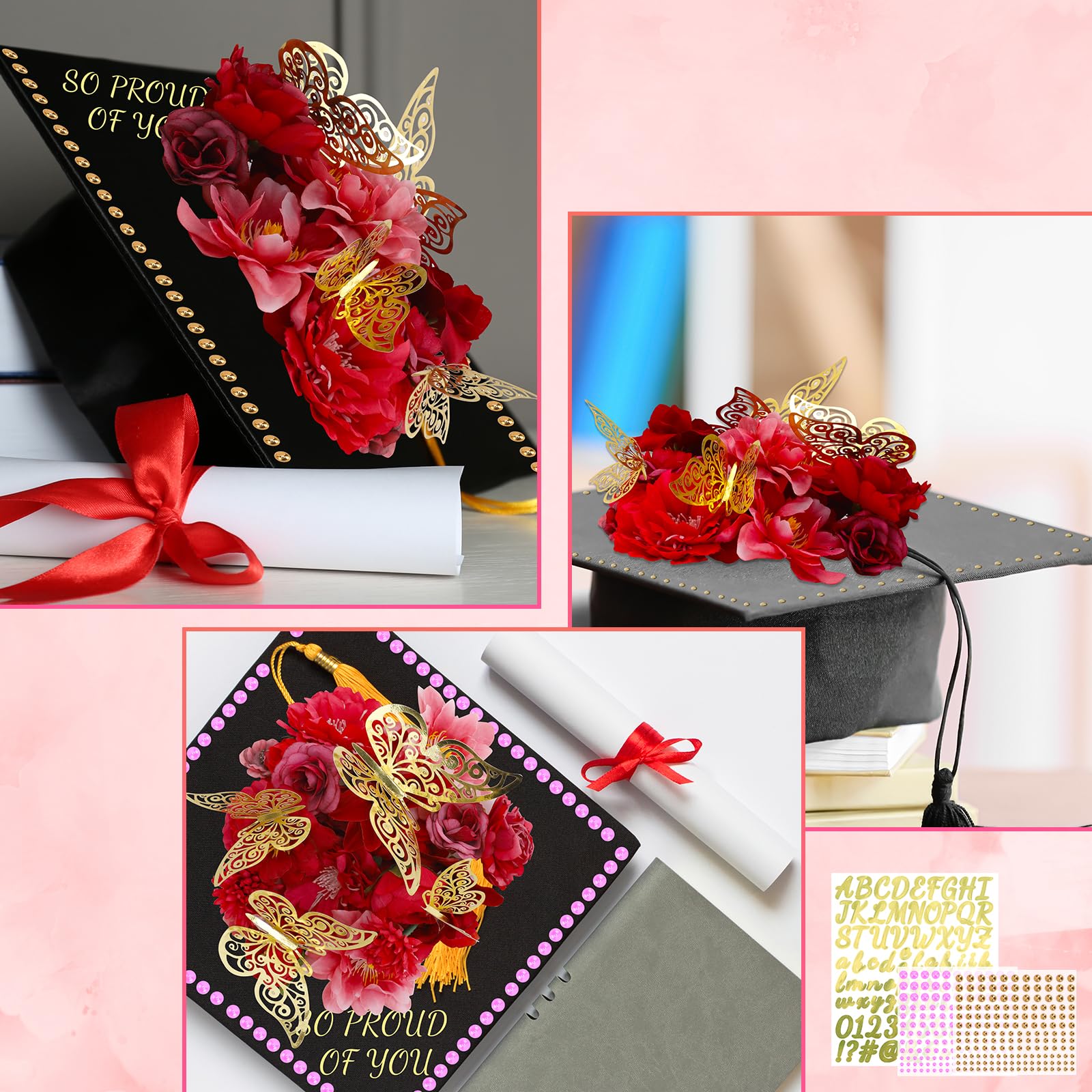Graduation Cap Decorations Pink Graduation Cap Decoration Kit - DIY Grad  Cap Decor With Flowers, Rhinestones \u0026 Glitter Letters (Pink Theme) Striped  Bedding Set, image size:1600x1600