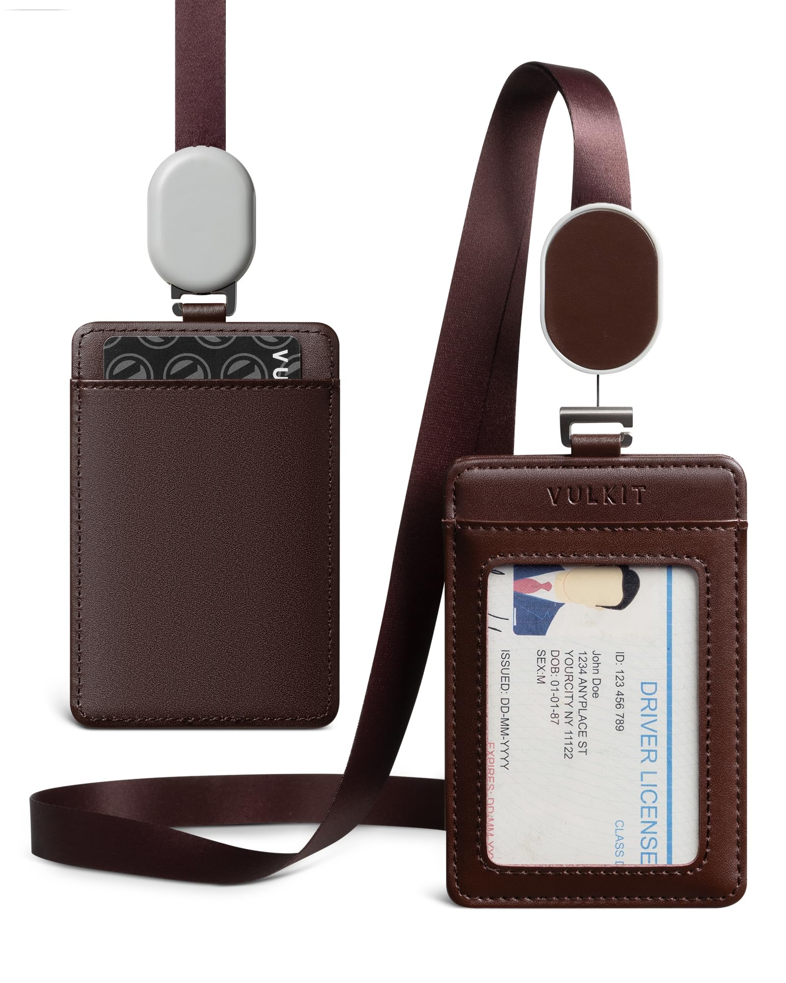 VULKIT Retractable Lanyard with Card Holder Vertical ID Badge Holder for Men or Women Bus Pass Holder Leather ID Card Holders, Brown