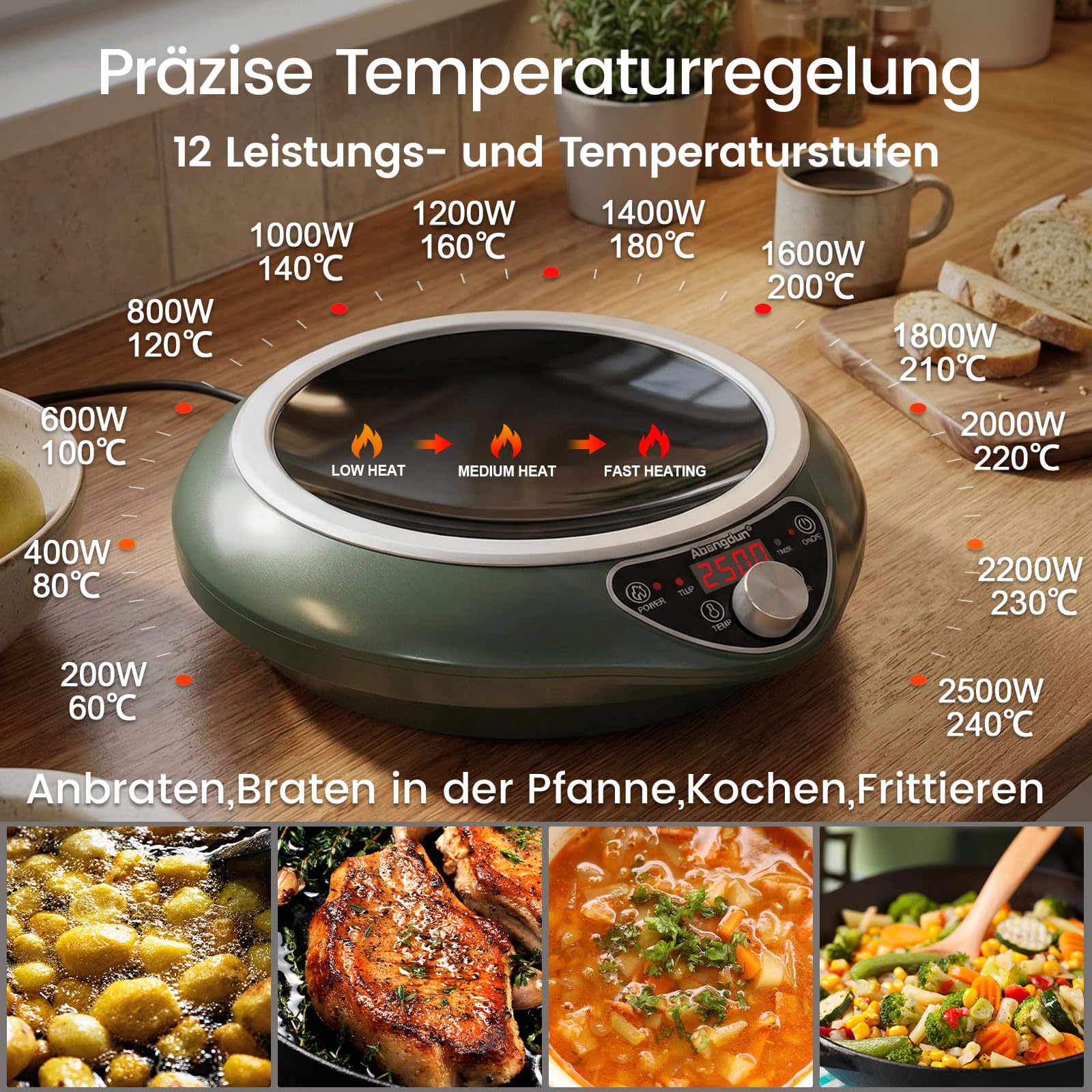 Induktionskochplatte mit Wok, 2500W Induktionskochfeld 1 Platte Kochplatte Induktion mit 16 Leistungsstufen, 200W-2500Watt,Temperaturbereich 80-240°C, LED Display, 18-Stunden-Timer, 190-275V