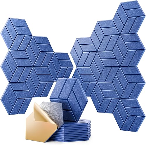 Miniatura 45 de 12 paneles acústicos autoadhesivos, paneles de espuma a prueba de sonido de 12 x 10 x 0.4 pulgadas para paredes, paneles de pared hexagonales
