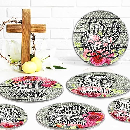 Miniatura 4 de 8 piezas de posavasos inspiradores de pintura de diamantes con soporte, posavasos motivacionales de arte de diamantes antideslizantes para adultos,