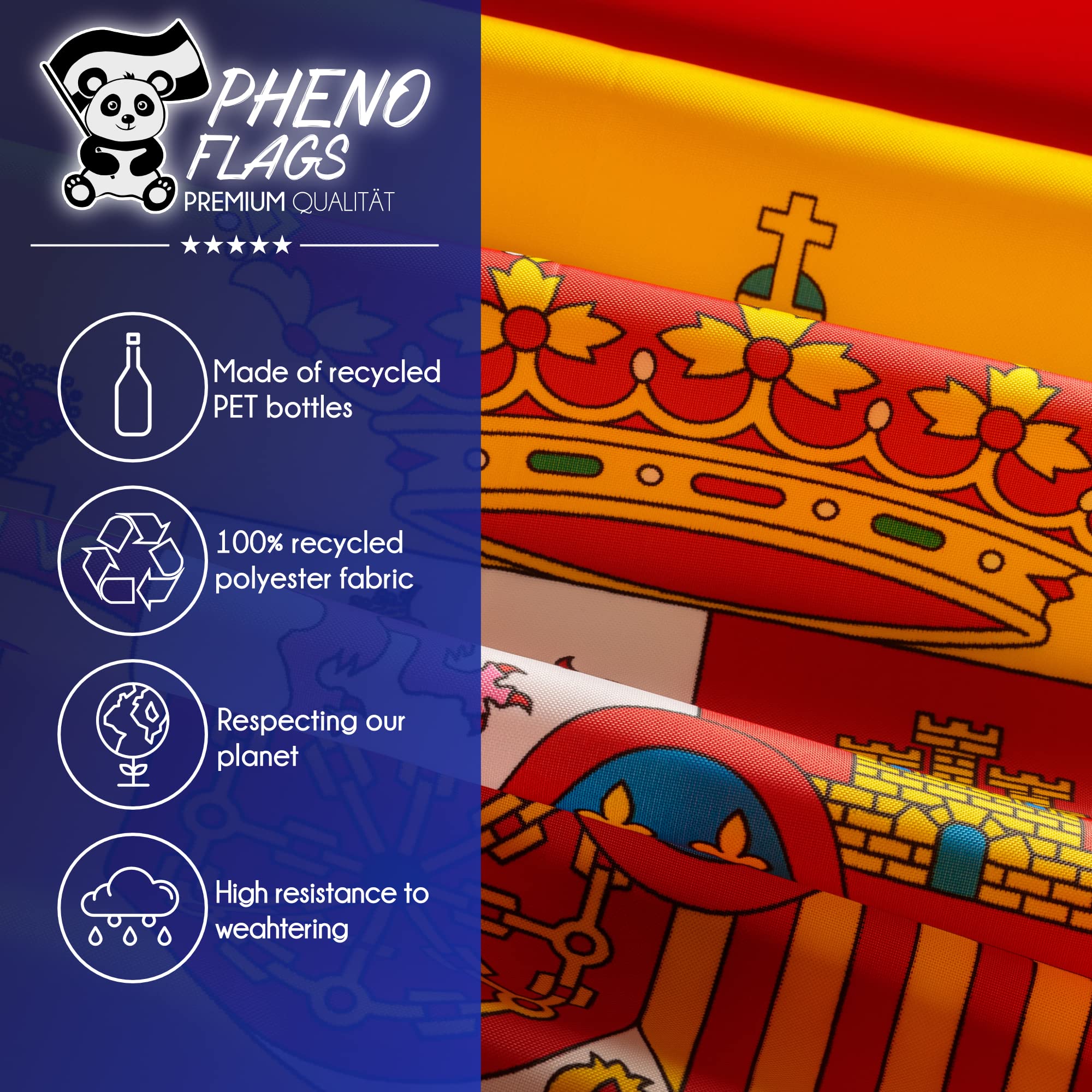 PHENO FLAGS Bandera Premium España 90x150 cm – extremadamente resistente a la intemperie con ojales metálicos y tecnología especial de sellado – doble dobladillo - colores brillantes y vivos