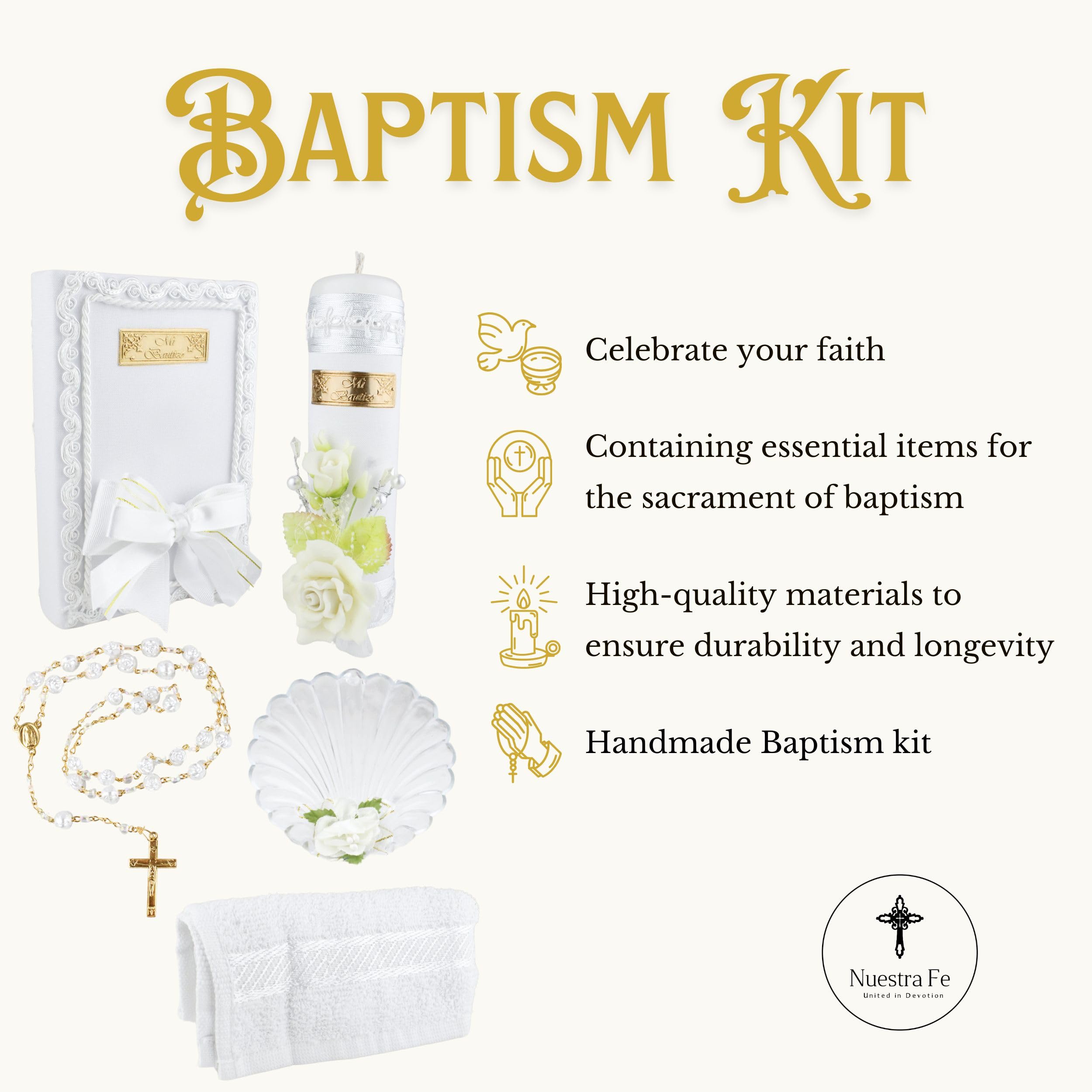 Nuestra Fe Juego de 5 velas de bautismo para niños y niñas, velas para bautizo, vela de bautizo para niño, vela para bautizo de niña, juego de velas católicas para bautizo, Biblia