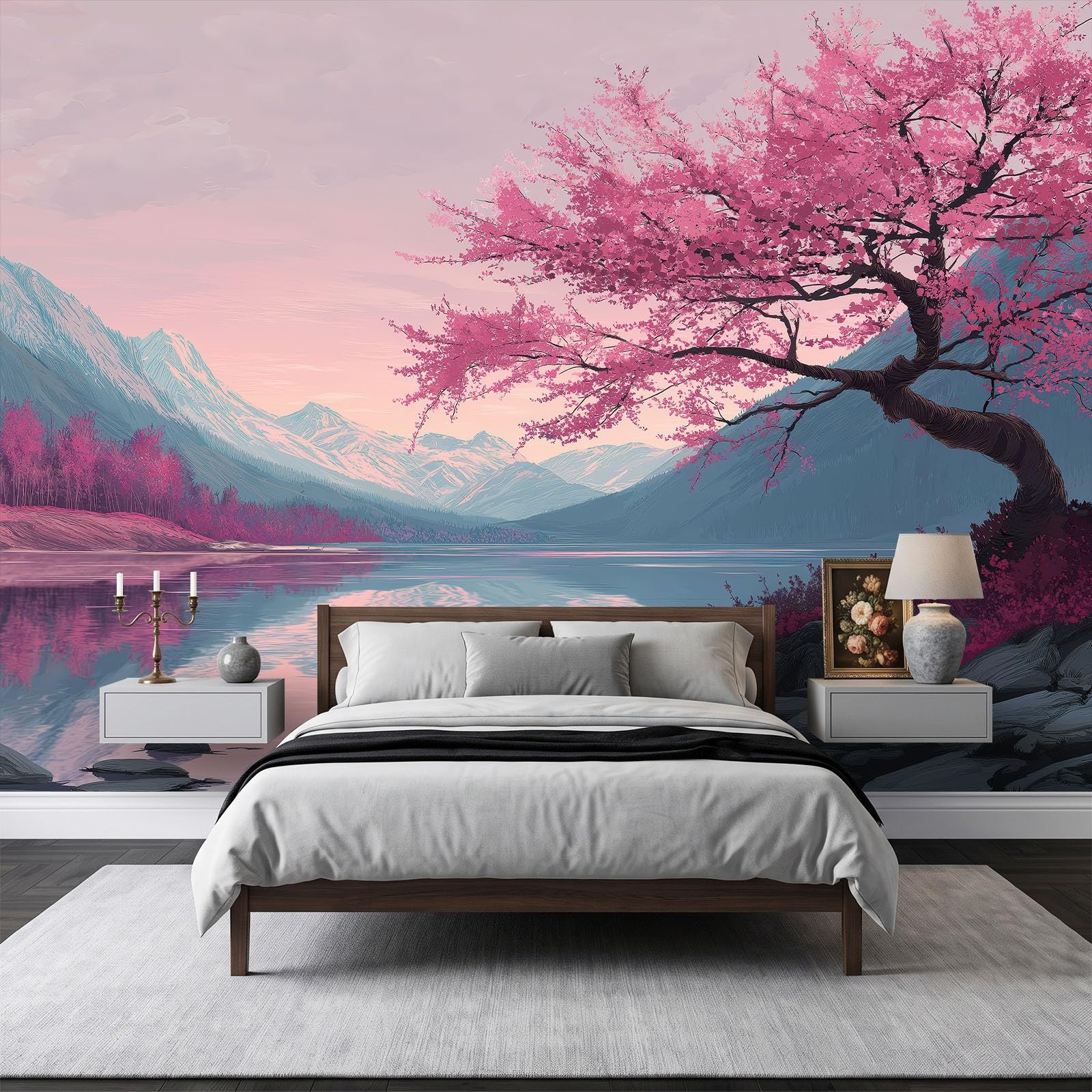 Fototapeta z efektem 3D, krajobraz, jezioro, drzewa wiśni, kwiaty, różowa, tapeta 200 x 140 cm, tapeta z włókniny, nowoczesna tapeta ścienna, salon, sypialnia, pokój dziecięcy, dekoracja ścienna