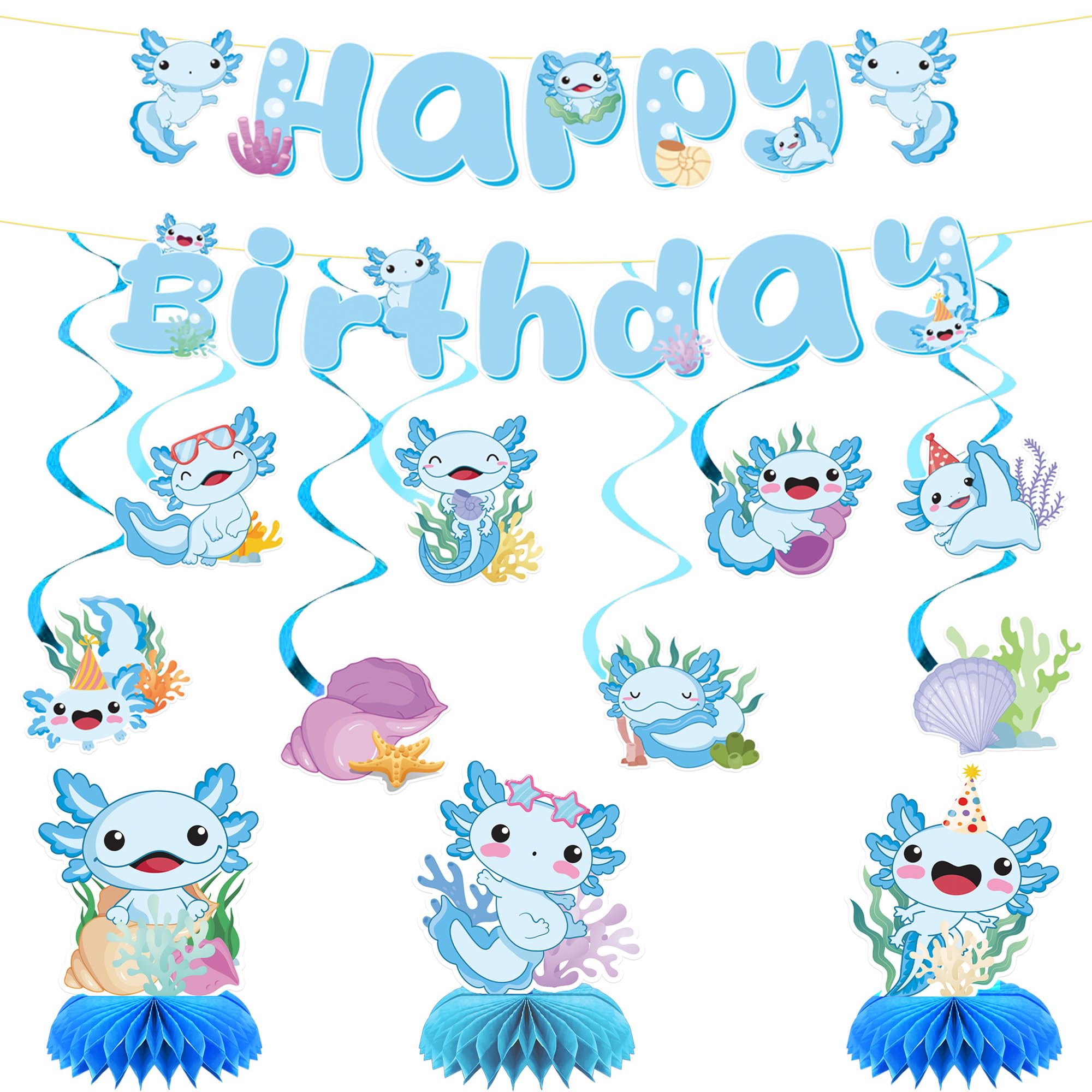 Axolotl Birthday Decorations for Kids, Cute Blue Cartoon Axolotls Party Supplies with Banners, Hanging Swirls and Honeycomb Centerpieces, Underwater