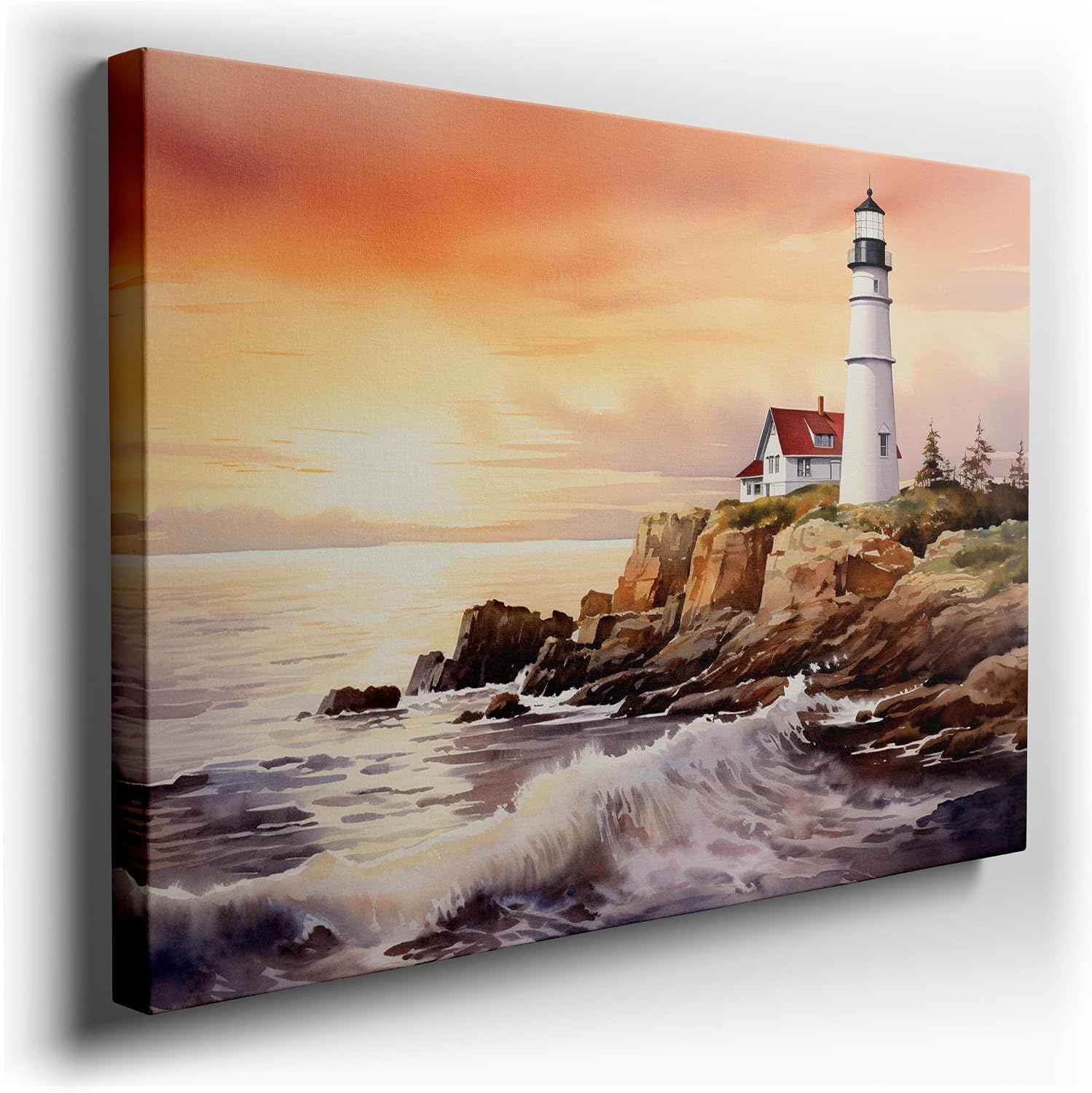 Art Wall: Lighthouse Guardian Over Rugged Shores At Sunset - a Watercolor Symphony of Serenity and Awe. Interior Decor, Canvas Art Design, Art Apartment Decoration. Size: 69x46 cm (27x18 inch)