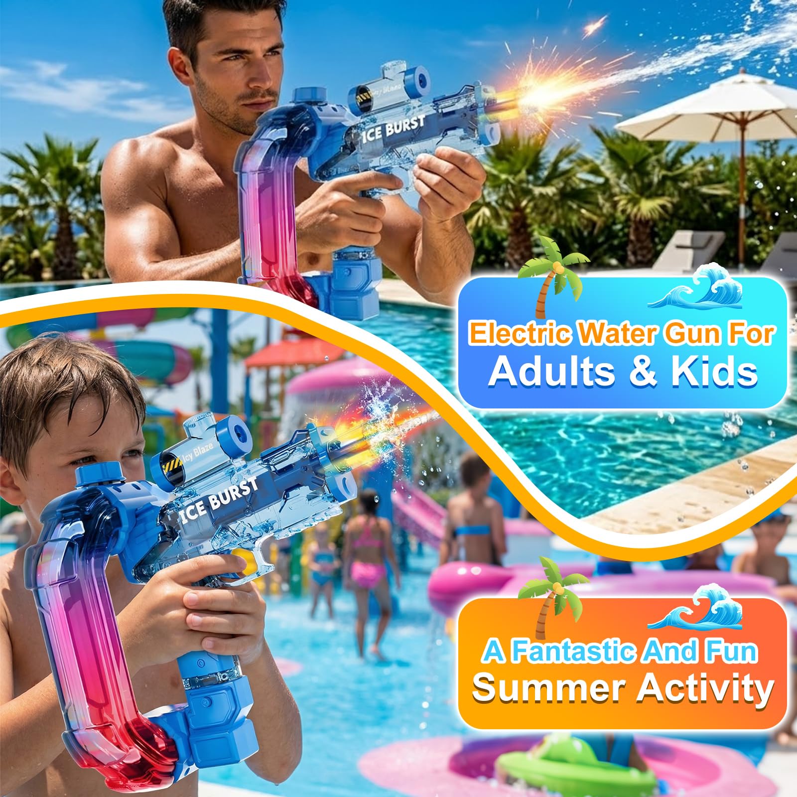 Pistola De Agua EléCtrica para NiñOs, Pistola De Agua Largo Alcance, AutomáTica Electric Water Gun con Luz Led, Juguetes De Verano Regalo para Adultos NiñAs 6 7 8+ (Pistola Azul)