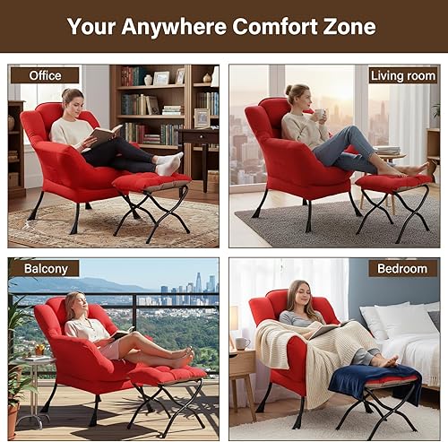 Vista 7 de Welnow - Silla perezosa con otomana, moderna silla de descanso con reposabrazos y bolsillo lateral, juego de sillón tapizado de ocio, sillón de Rojo
