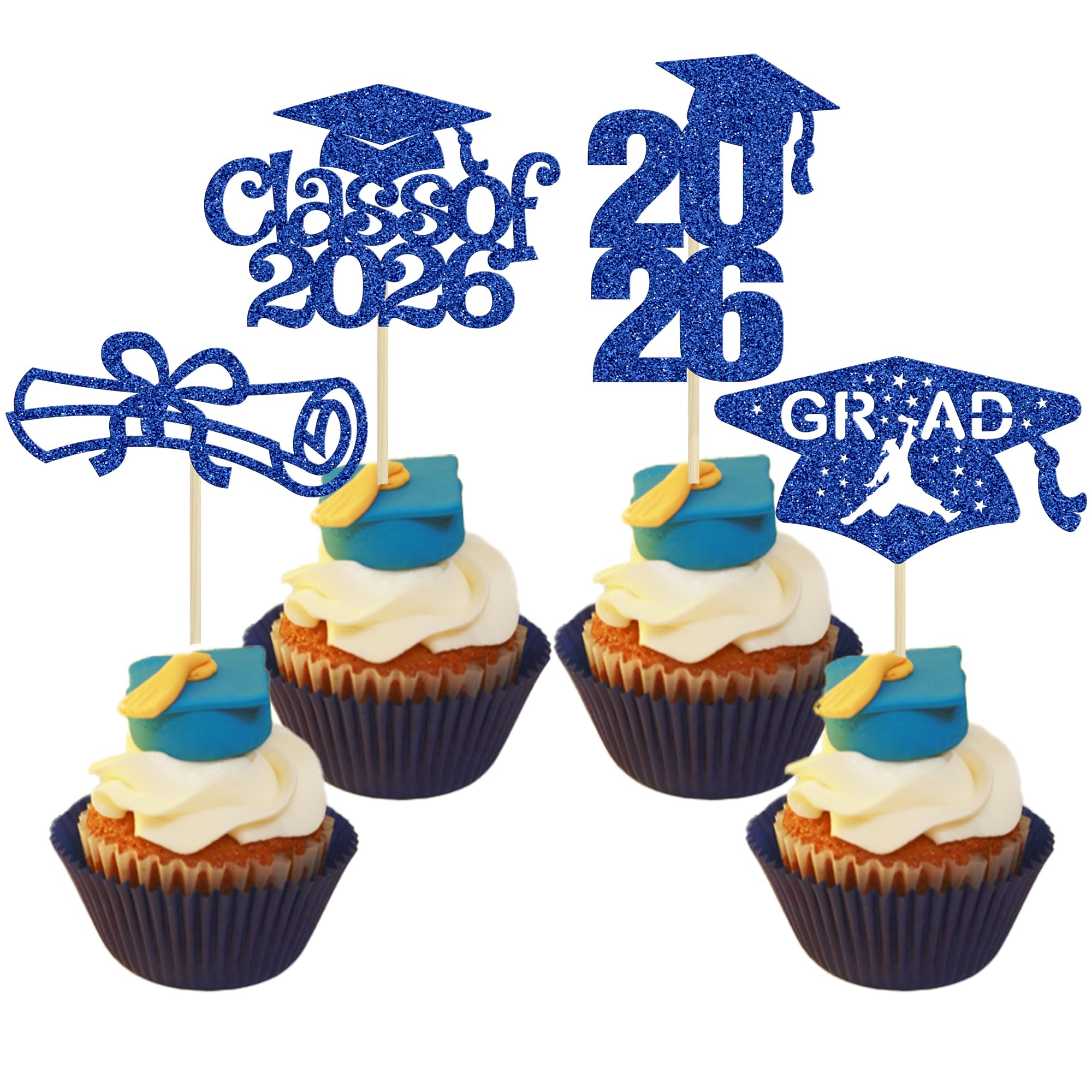 Ephlyn 24Pcs 2026 Graduation Cupcake Toppers Glitter Class of 2026 Diploma Grad Cap Cupcake Picks 2026 Graduation Theme Party Cake Decorations Supplies Blue