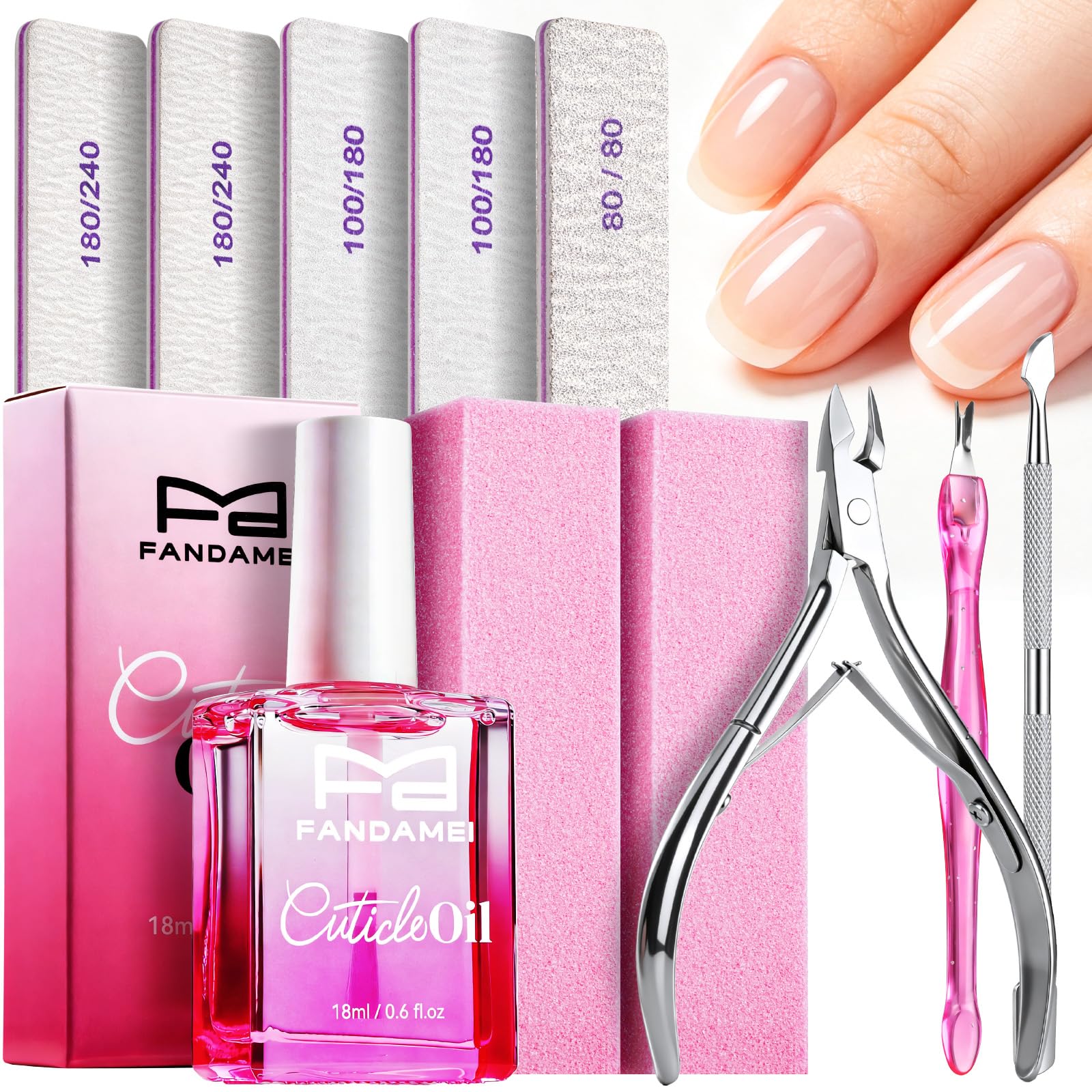 FANDAMEI Nail File Kit, 5 PCS Nail Files and Buffers|Emery Boards for Nails, Rose Cuticle Oil with Cuticle Remover Tool|Sponge Nail Buffer Block|Cuticle Trimmer|Cuticle Pusher|Nail Care Nail Tools