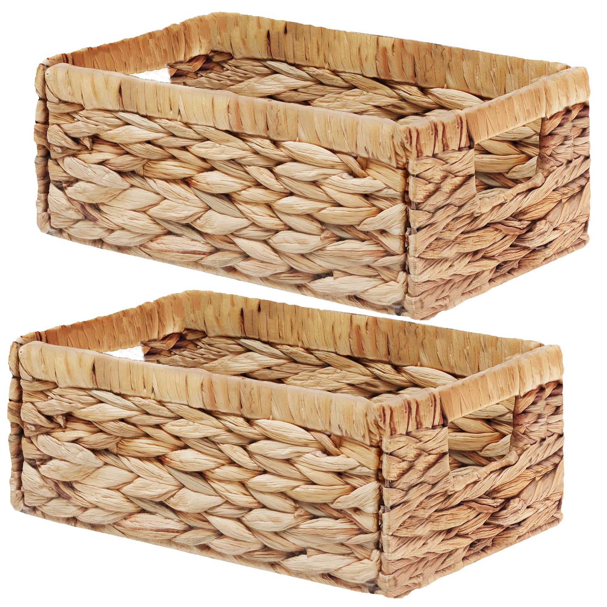 Vagusicc Set of 2 Water Hyacinth Storage Baskets, Wicker Storage Basket Organizer Bins with Handles for Shelves, Foldable Storage Cubes Storage Baskets for Kitchen Organization & Decoration