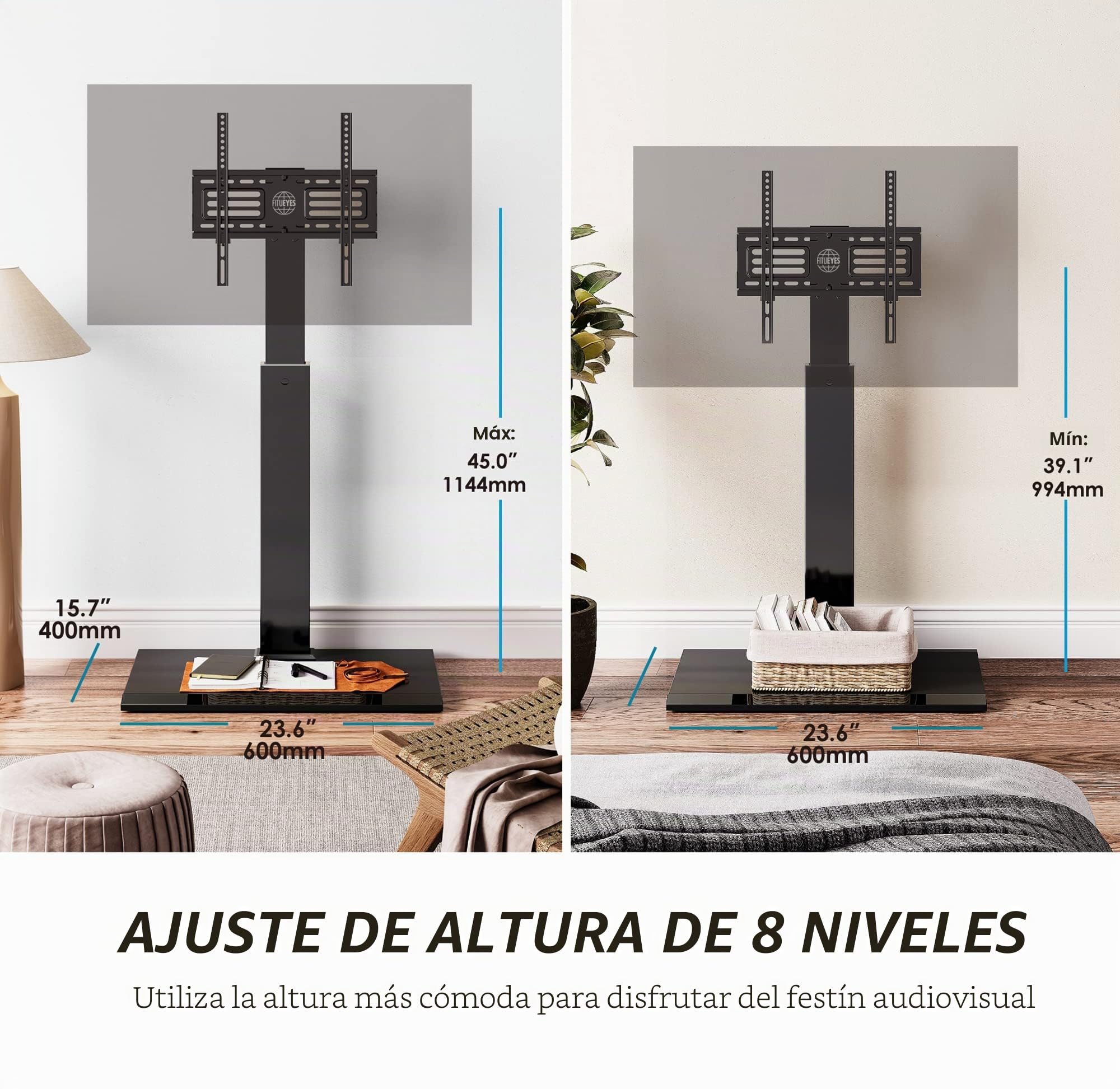 FITUEYES Soporte TV Pie Negro 26-65 Pulgadas con Base Metálica | soporte TV Suelo, Giro y Altura Ajustable, Gestión de Cable, MAX VESA 400×400mm, Capacidad 50kg