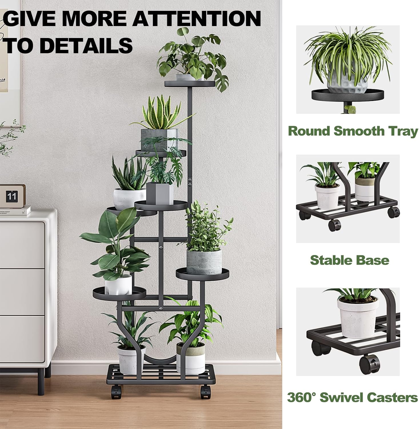 Plant Stand with Wheels, Black 6 Tier Metal Plant Shelf for Indoor Outdoor image 3